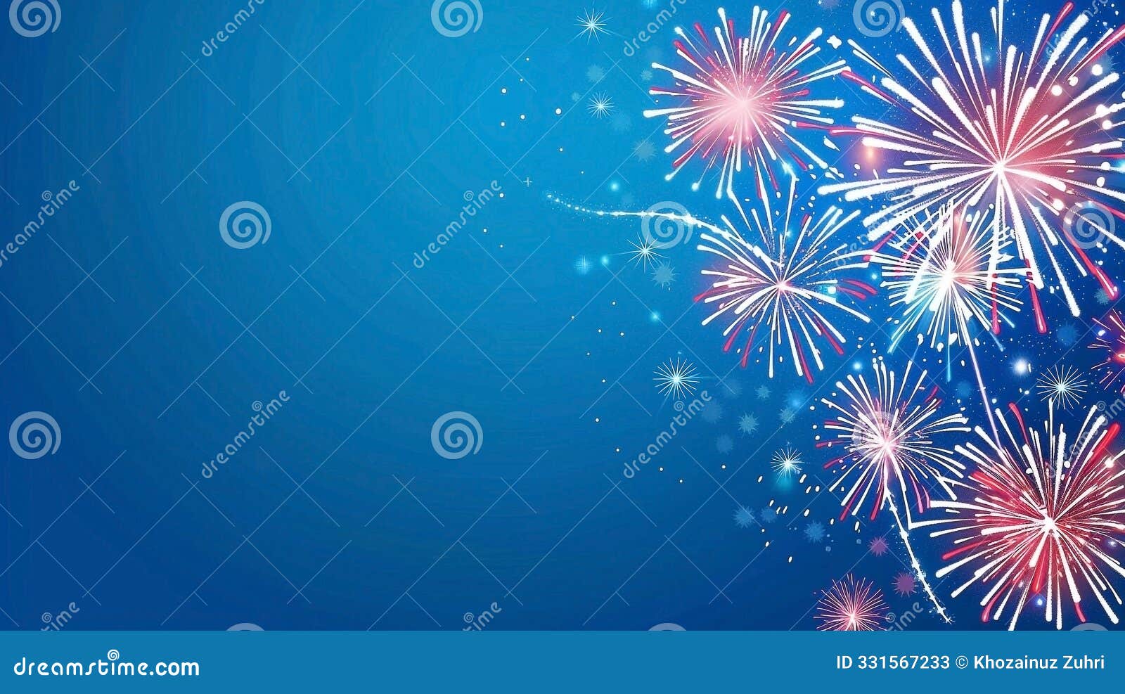 3d fireworks display with red and white stripes on blue background