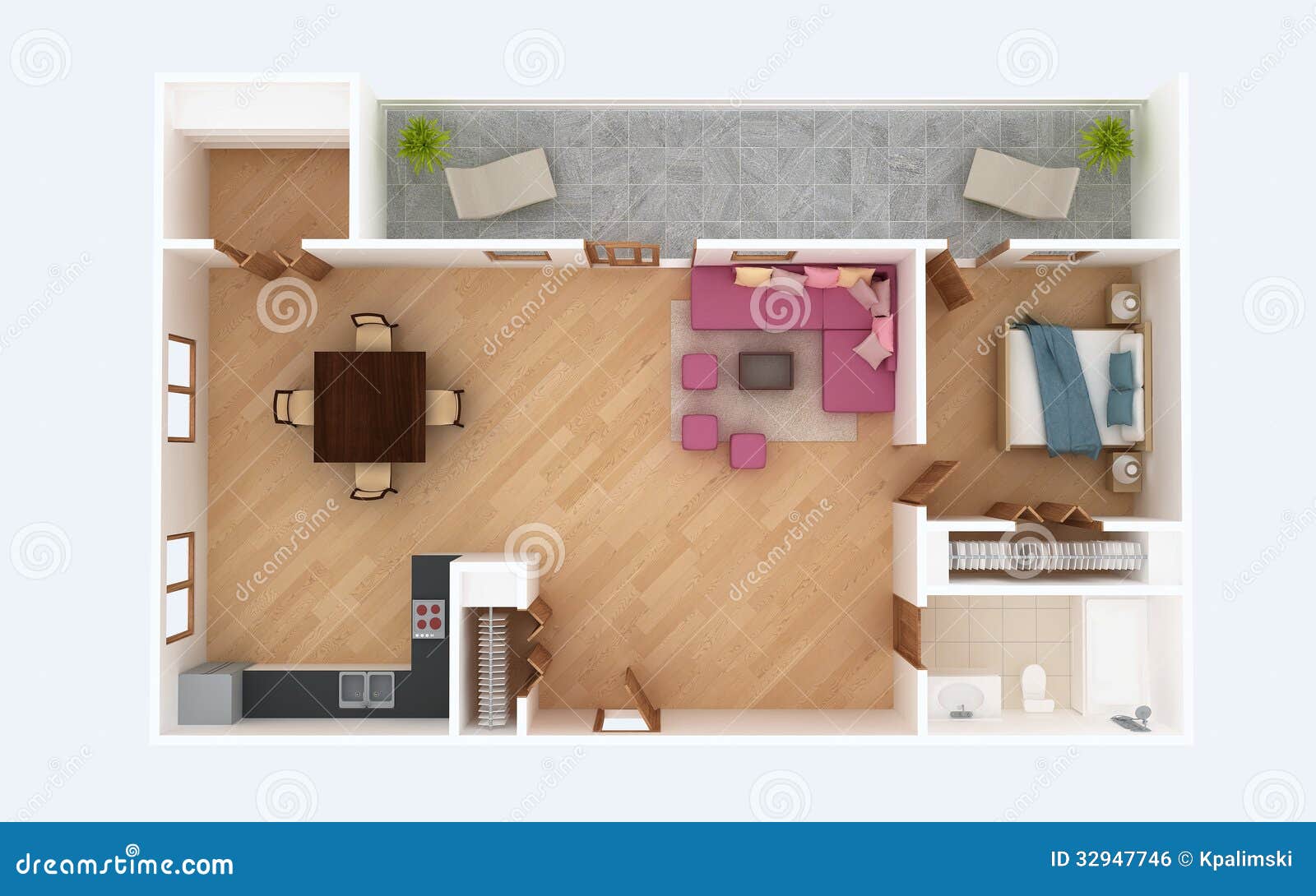 3D Floor Plan Section. Apartment House Interior Overhead 