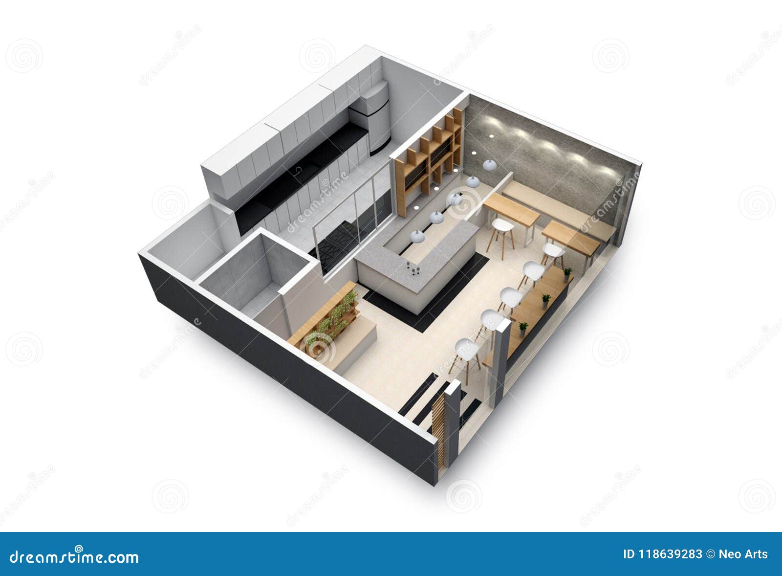 3d Floor Plan Of A Small Restaurant Stock Illustration - Illustration of architecture, design ...