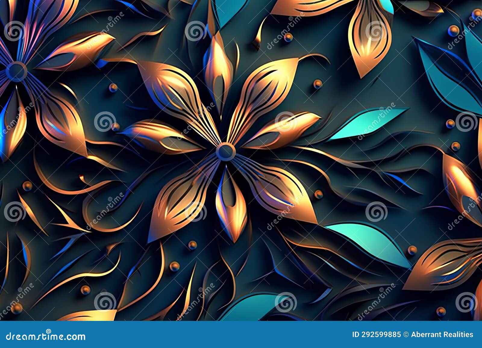 3d Floral Wallpaper with Blue and Gold Leaves Stock Illustration