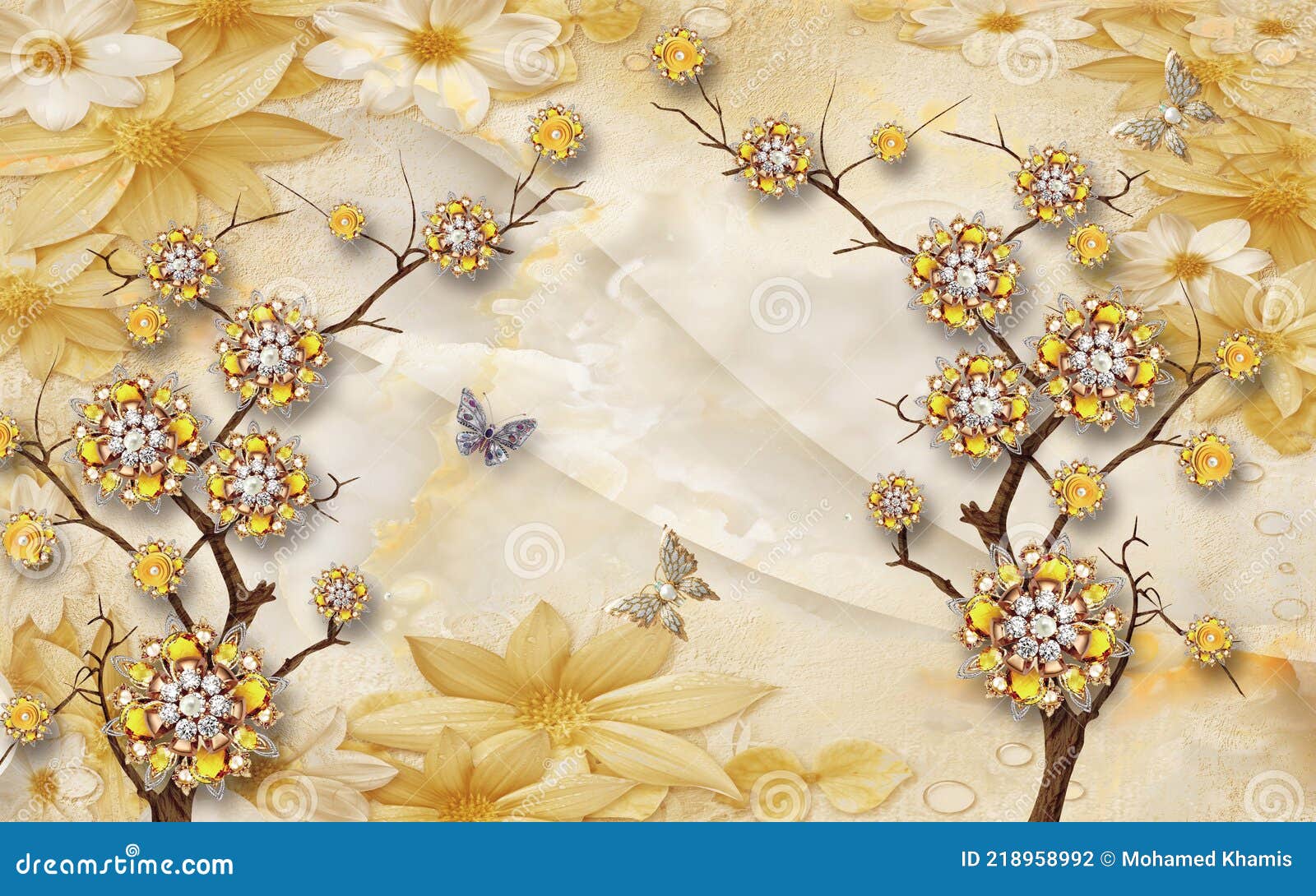 3d Flores De Diamante Dourado Em Wallpaper Em árvore Com Fundo De Flores  Douradas Foto de Stock - Imagem de quarto, fundo: 218958992
