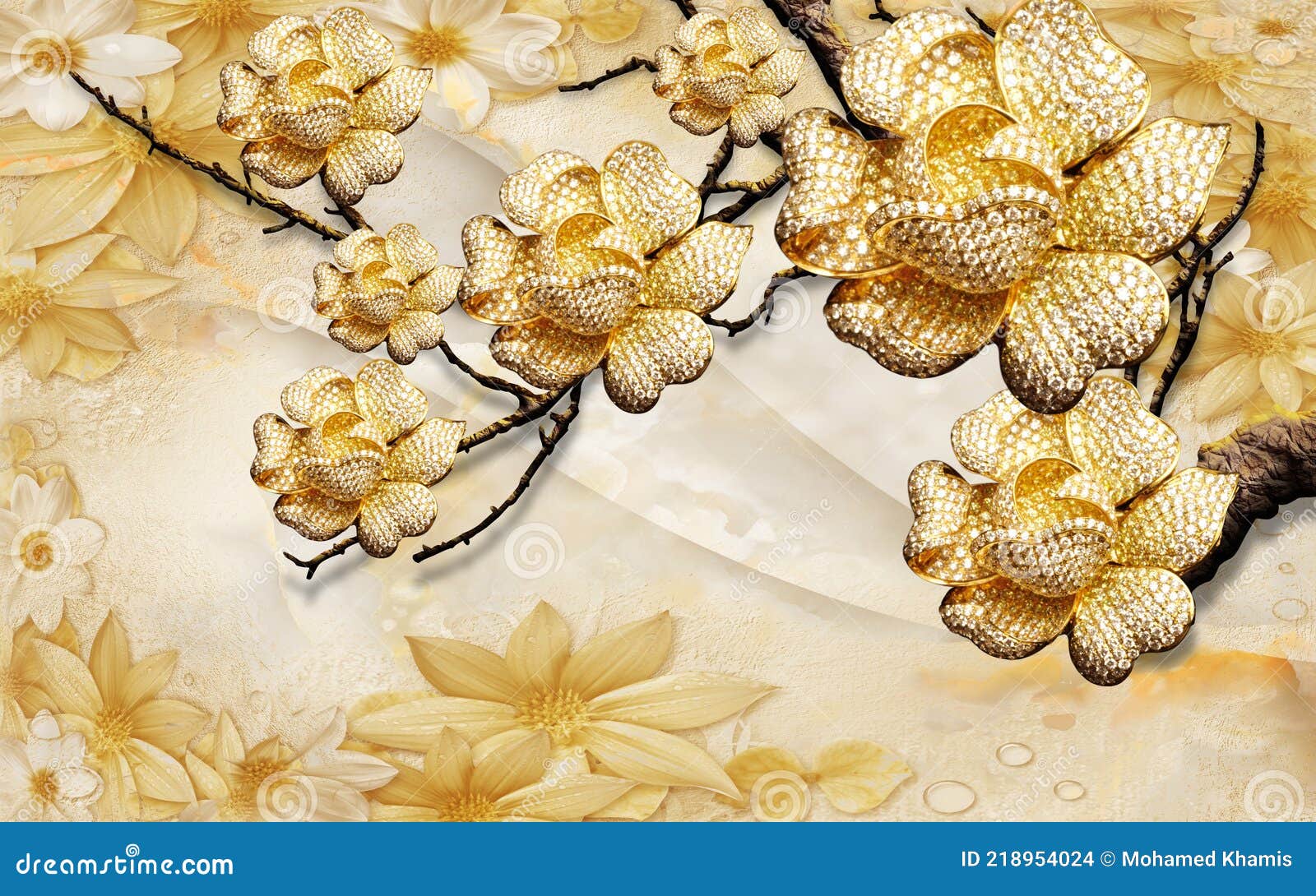 3d Flores De Papel De Parede, De Joias Douradas, Sobre Fundo De Rosas  Douradas Foto de Stock - Imagem de dourado, wallpaper: 218954024