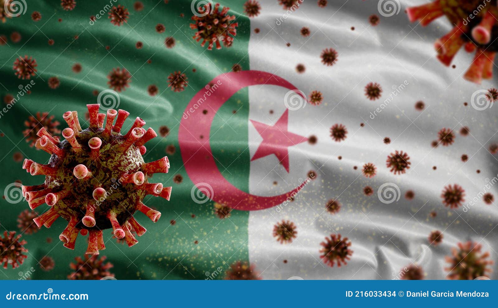 3d, flu coronavirus floating over algerian flag. argelia and pandemic covid 19
