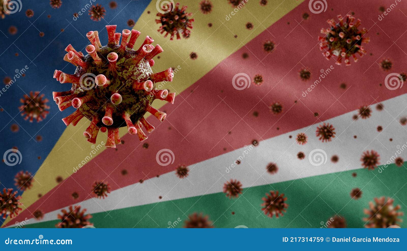 3D, Flu Coronavirus Floating Over Seychellois Flag. Seychelles Pandemic ...