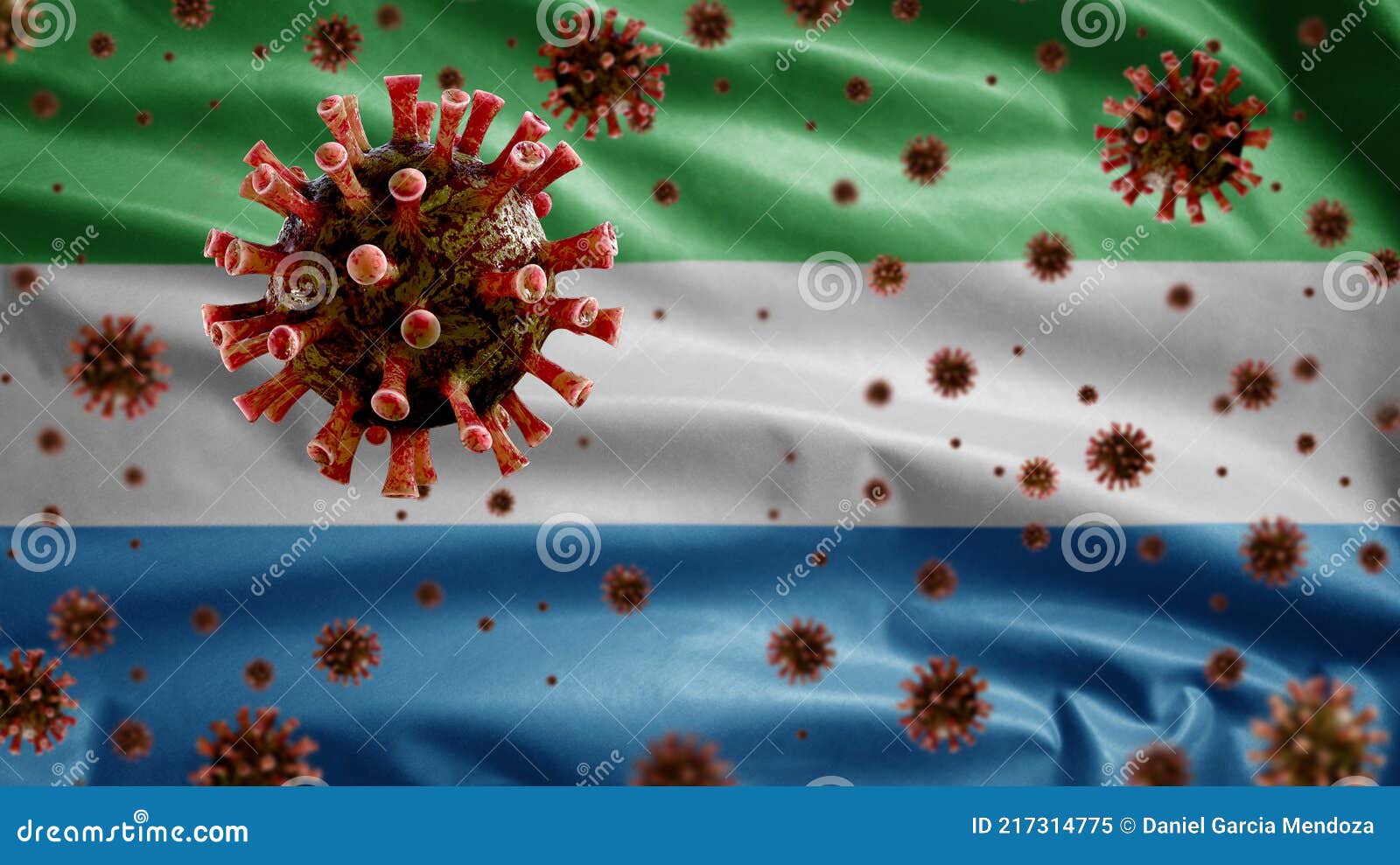 3D, Flu Coronavirus Floating Over Sierra Leone Flag. Salone Pandemic ...
