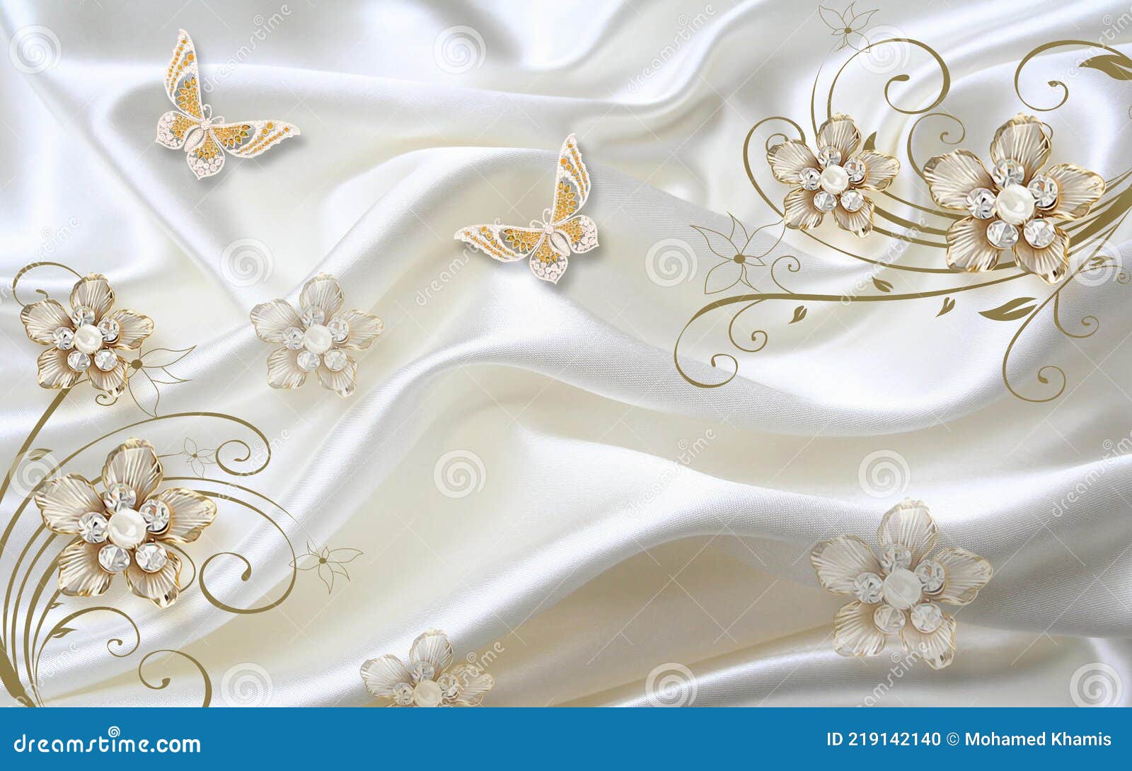 3d Fondo De Pantalla Flores Y Mariposas Doradas Sobre Un Fondo De Seda  Blanca Stock de ilustración - Ilustración de fondo, flores: 219142140