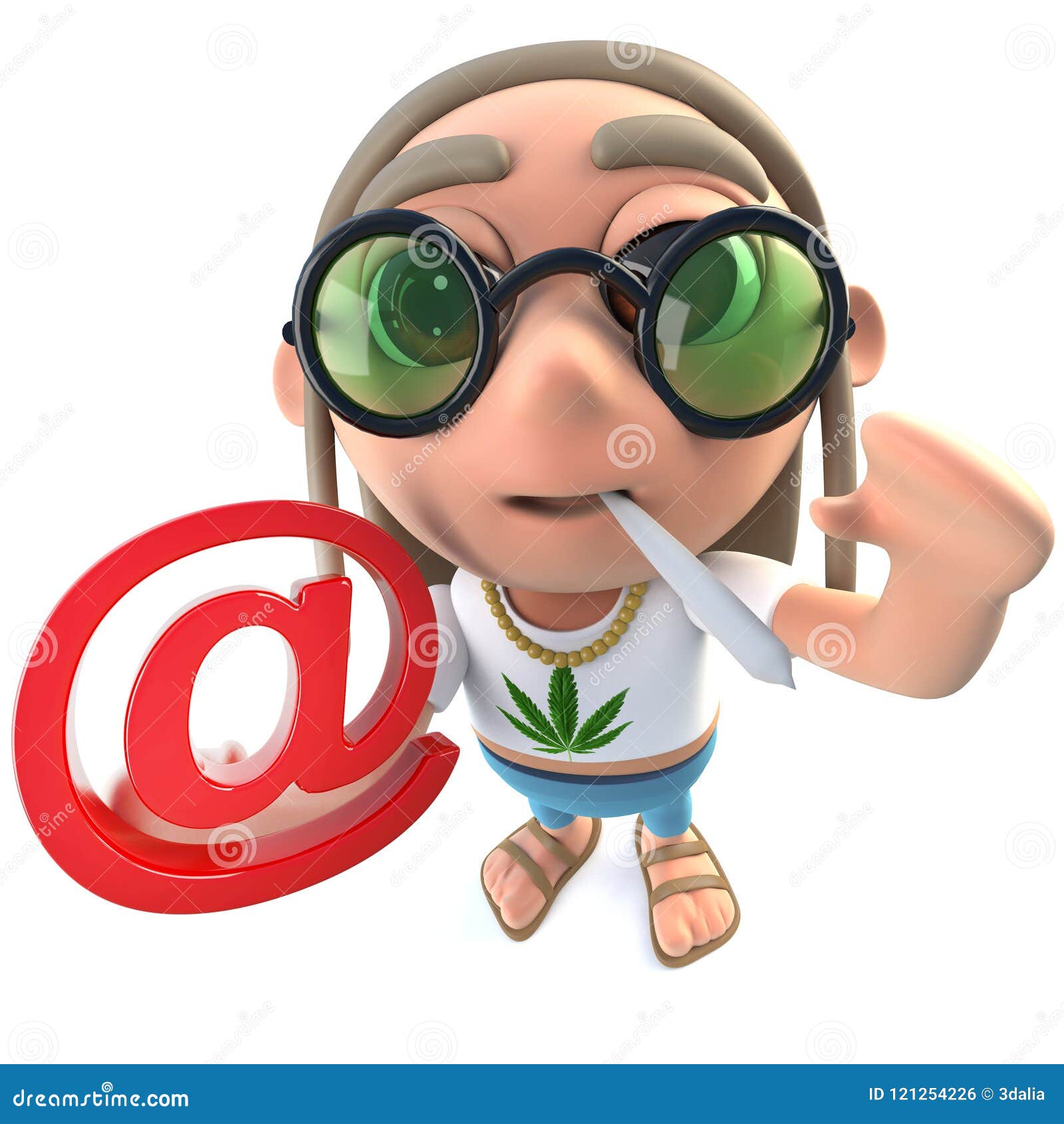 3d funny cartoon hippy stoner character holding an email address 