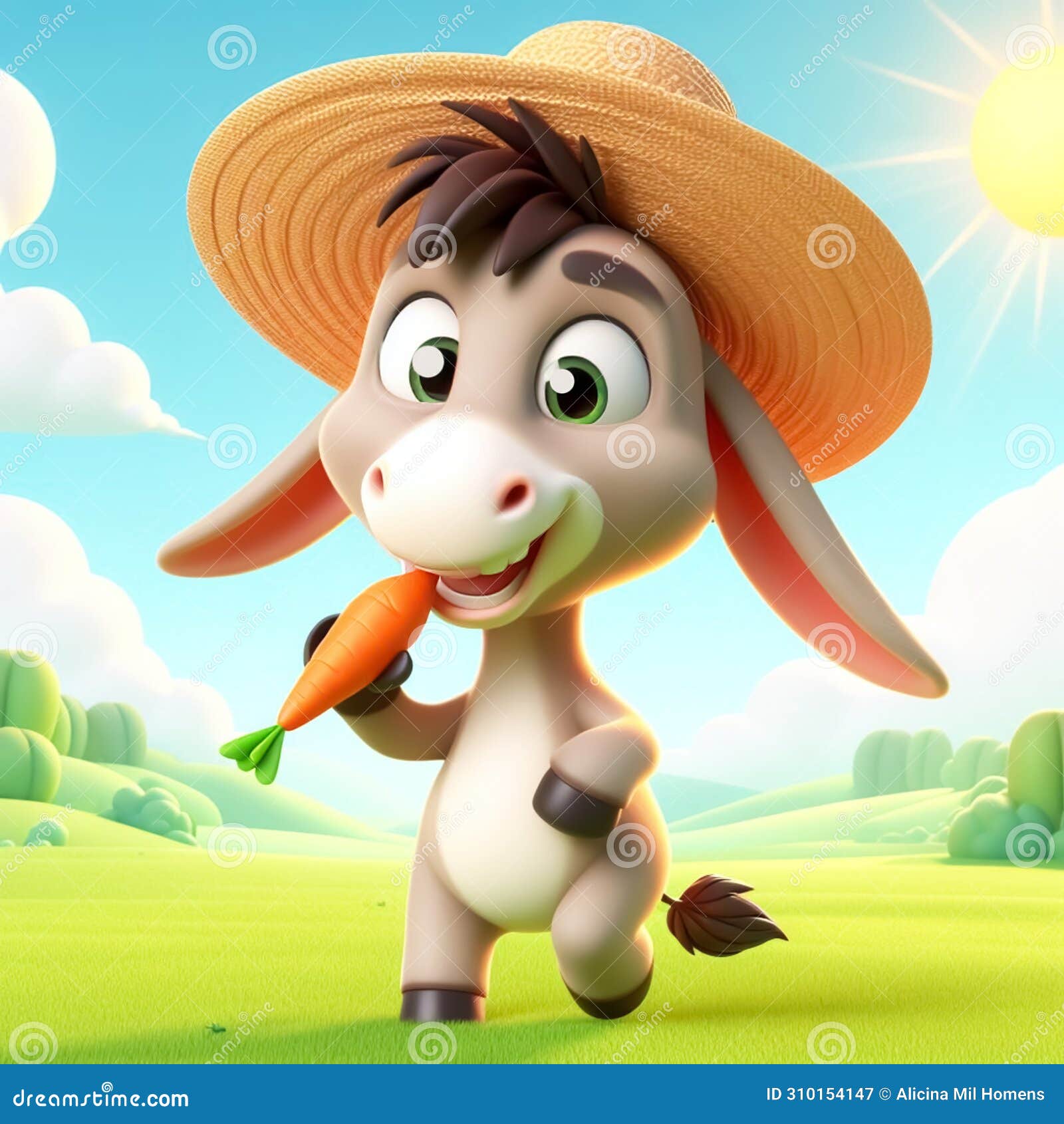 3d funny donkey cartoon eating a carrot. fun animais for children's s. ai generated