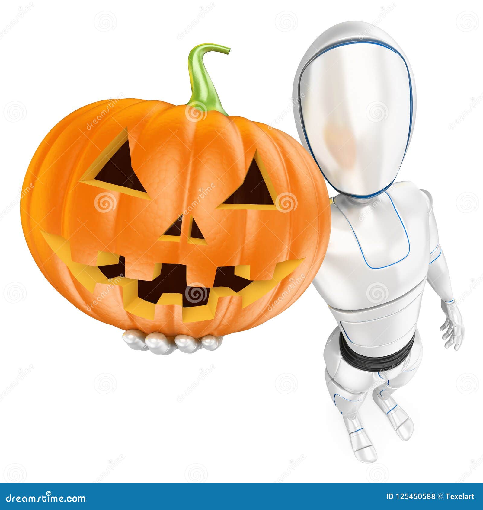 3d humanoid robot with a big pumpkin. halloween