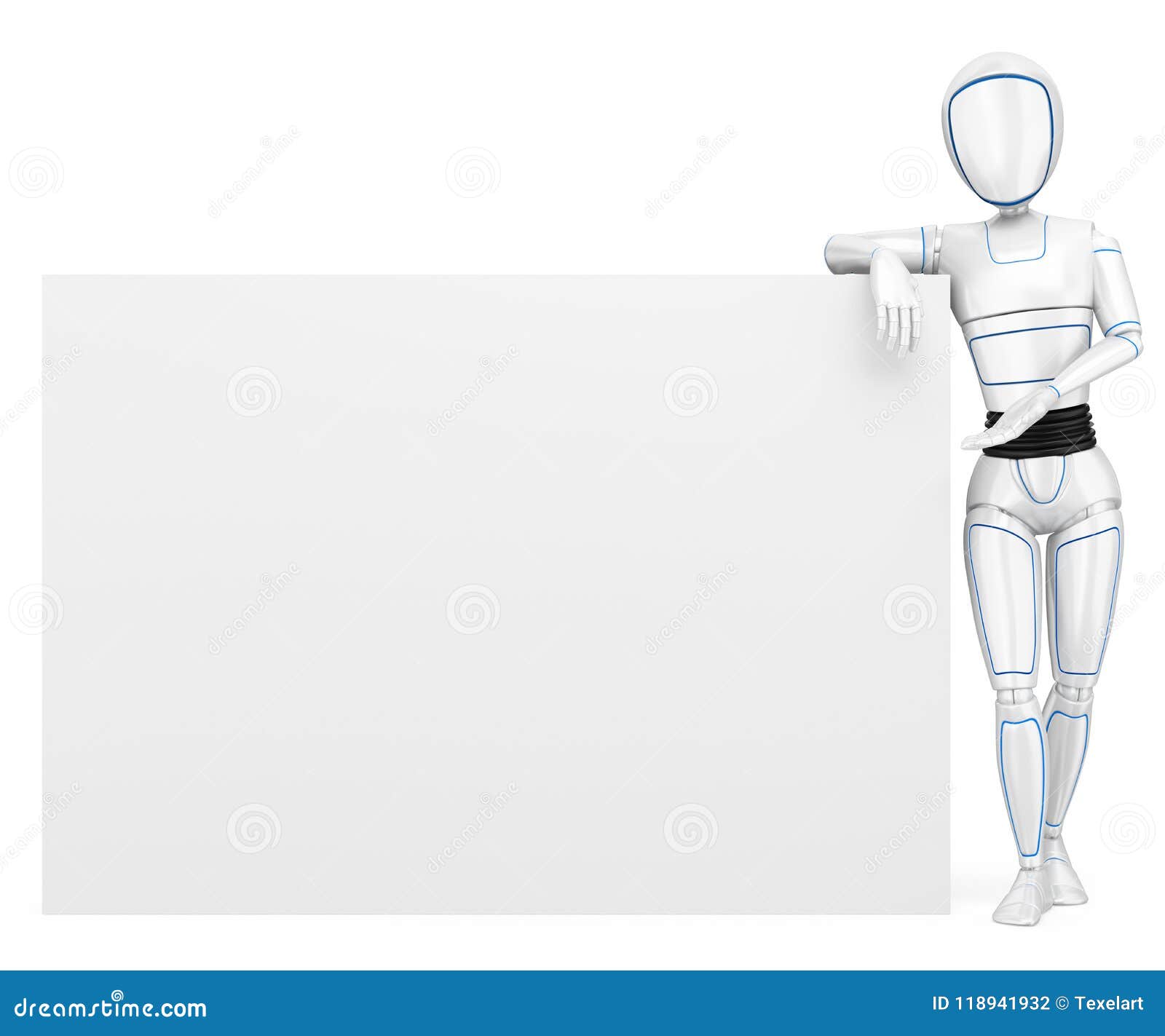 3d humanoid robot leaning on a blank poster