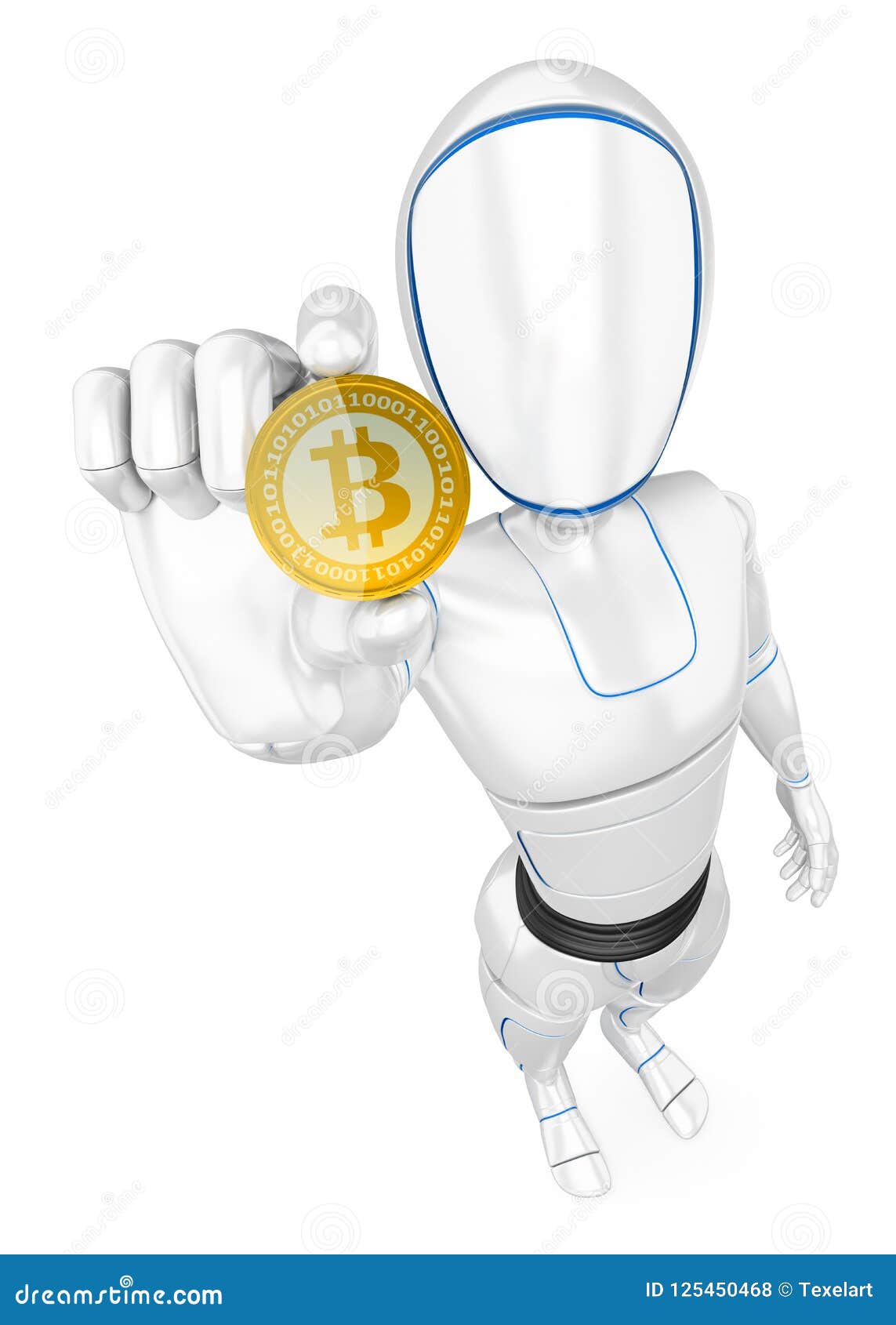 3d humanoid robot mining a cryptocurrency bitcoin