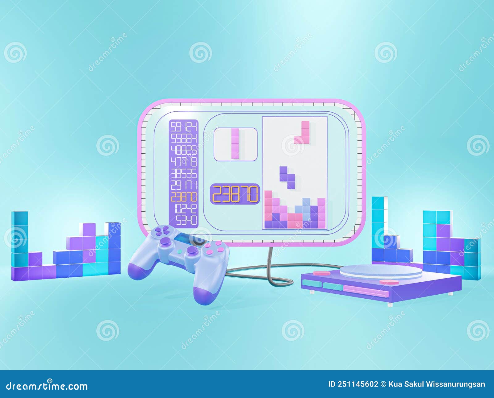 3D Game Consoles and Gamepad Controllers on Blue Background, Gaming Concept, Driving Games, Shooting Games - 3D Render Stock Illustration