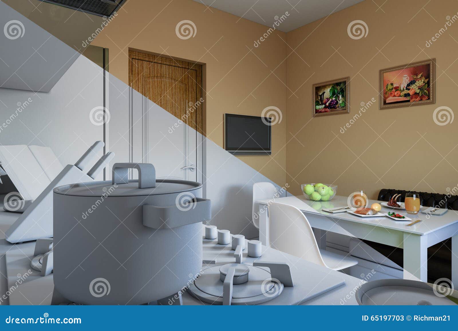 3d geef van keukenontwerp terug in een moderne stijl, een ...