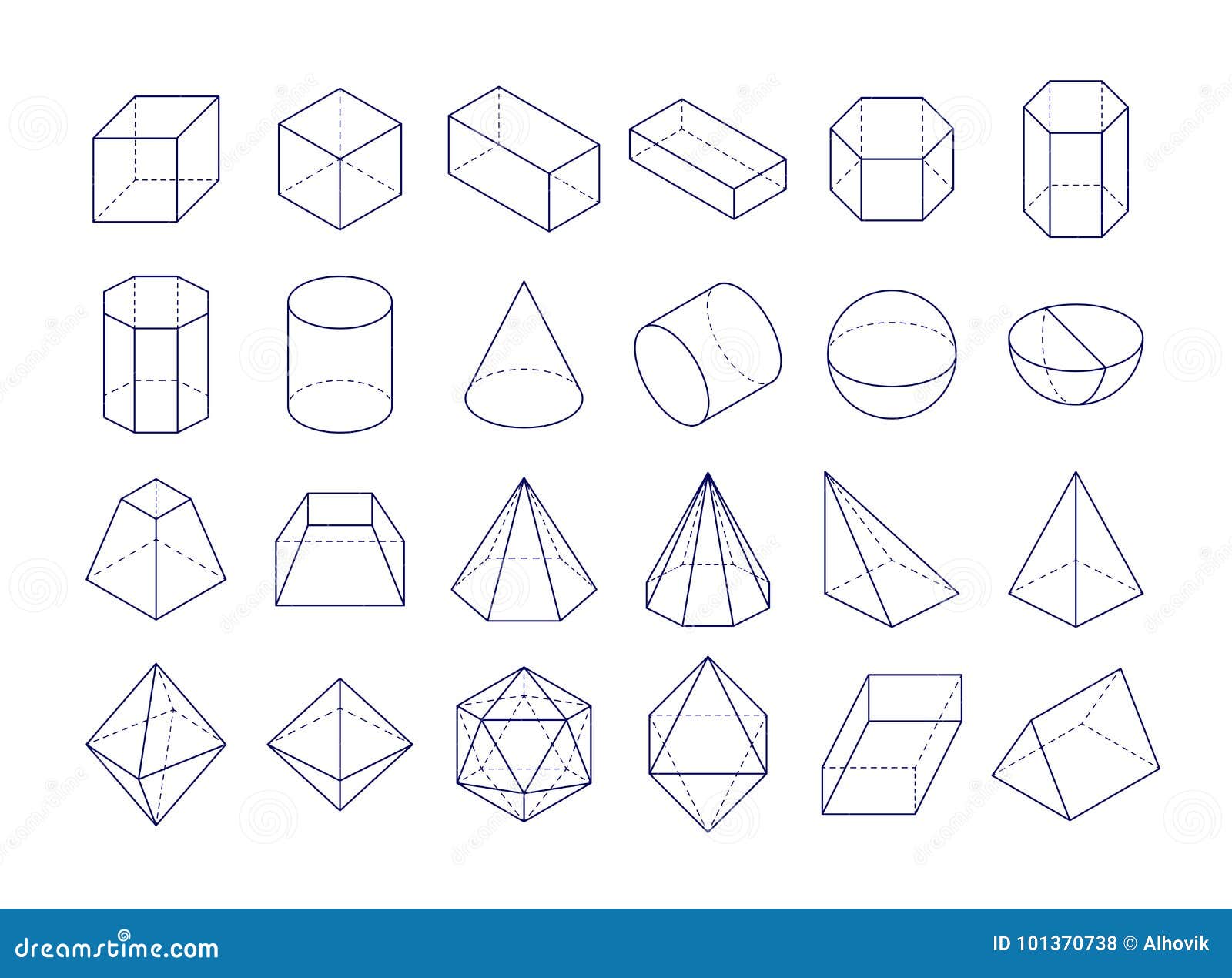 Realistic 3D color basic shapes. Solid colored geometric forms