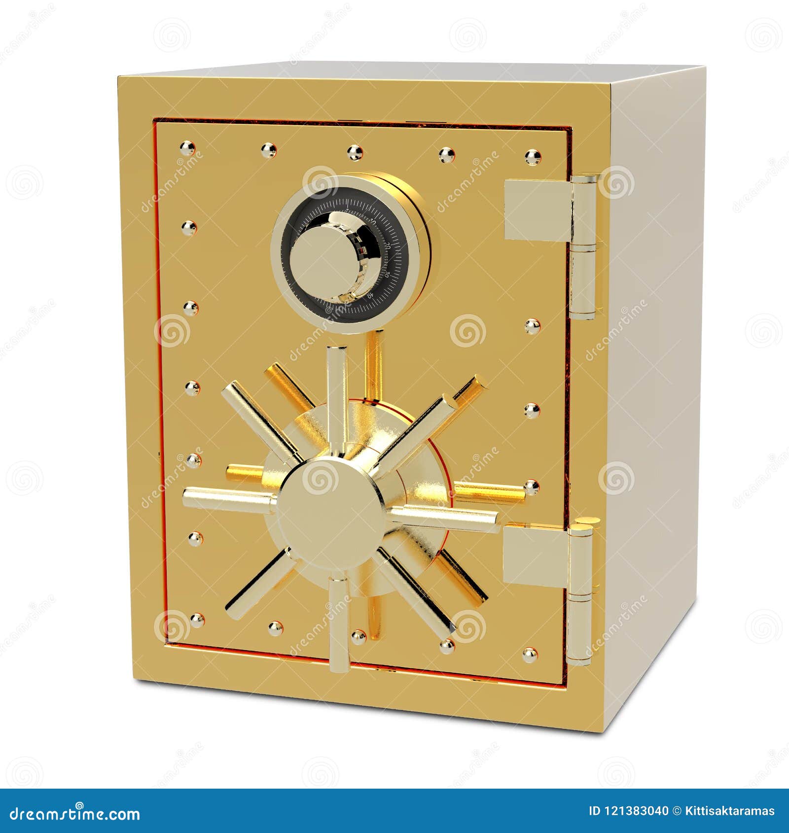 3D Gold Safe Box Isolated On Background With Clipping Path. Stock
