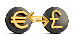 3d Golden Euro And Pound Symbol On Rounded Black Icons With Money 