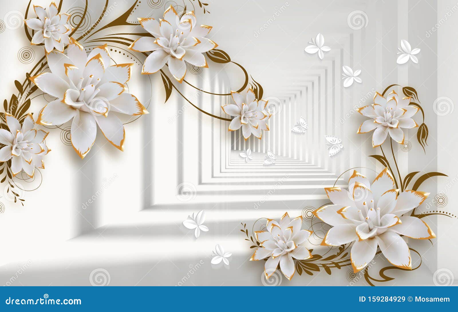 3d Golden Mural Background with Flowers , Pearl , Jewelery , Circles and  Butterfly . Marble and Capitone Wallpaper Stock Illustration - Illustration  of beautiful, golden: 159284929
