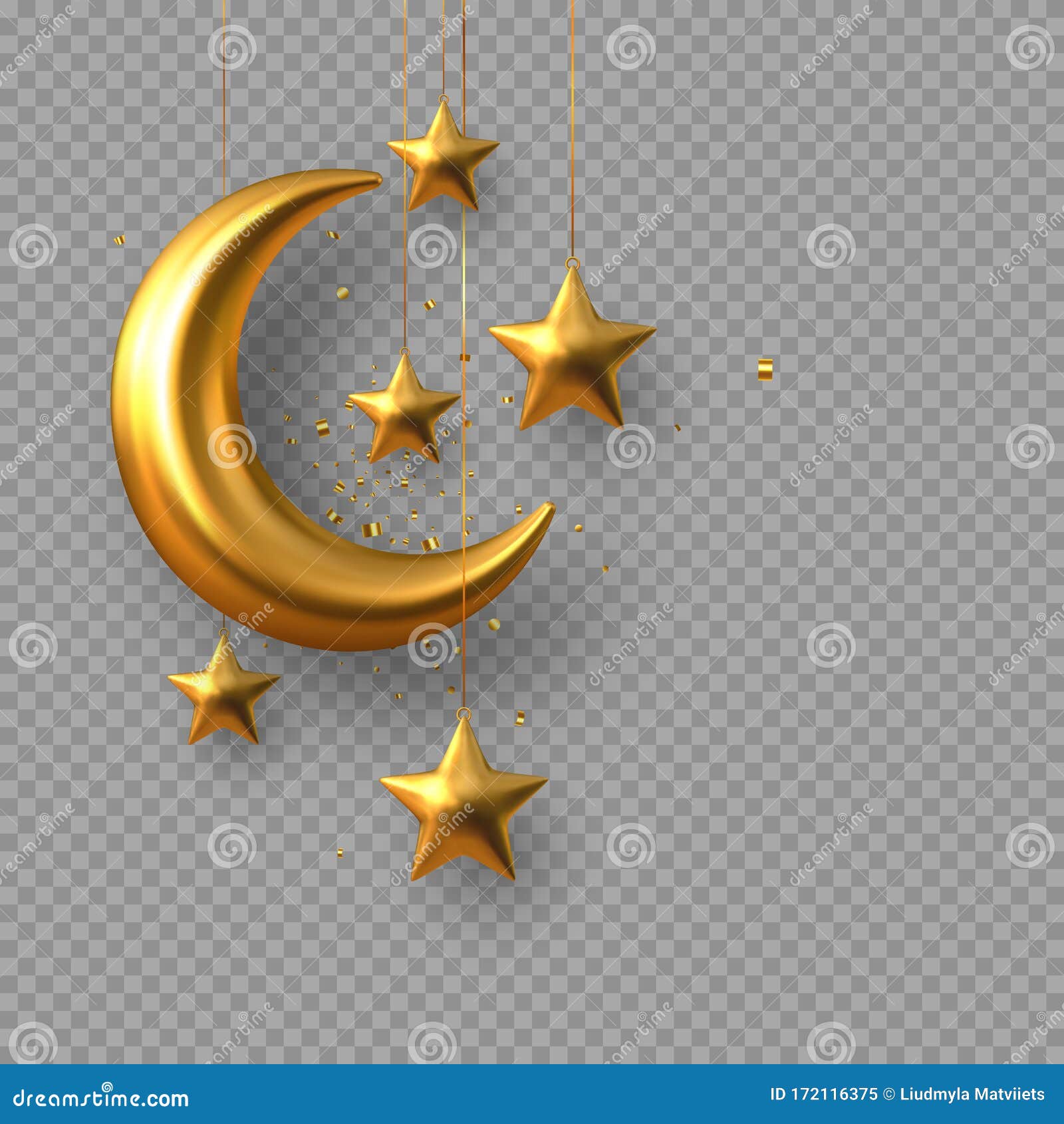 3d golden reflective crescent moons and stars.