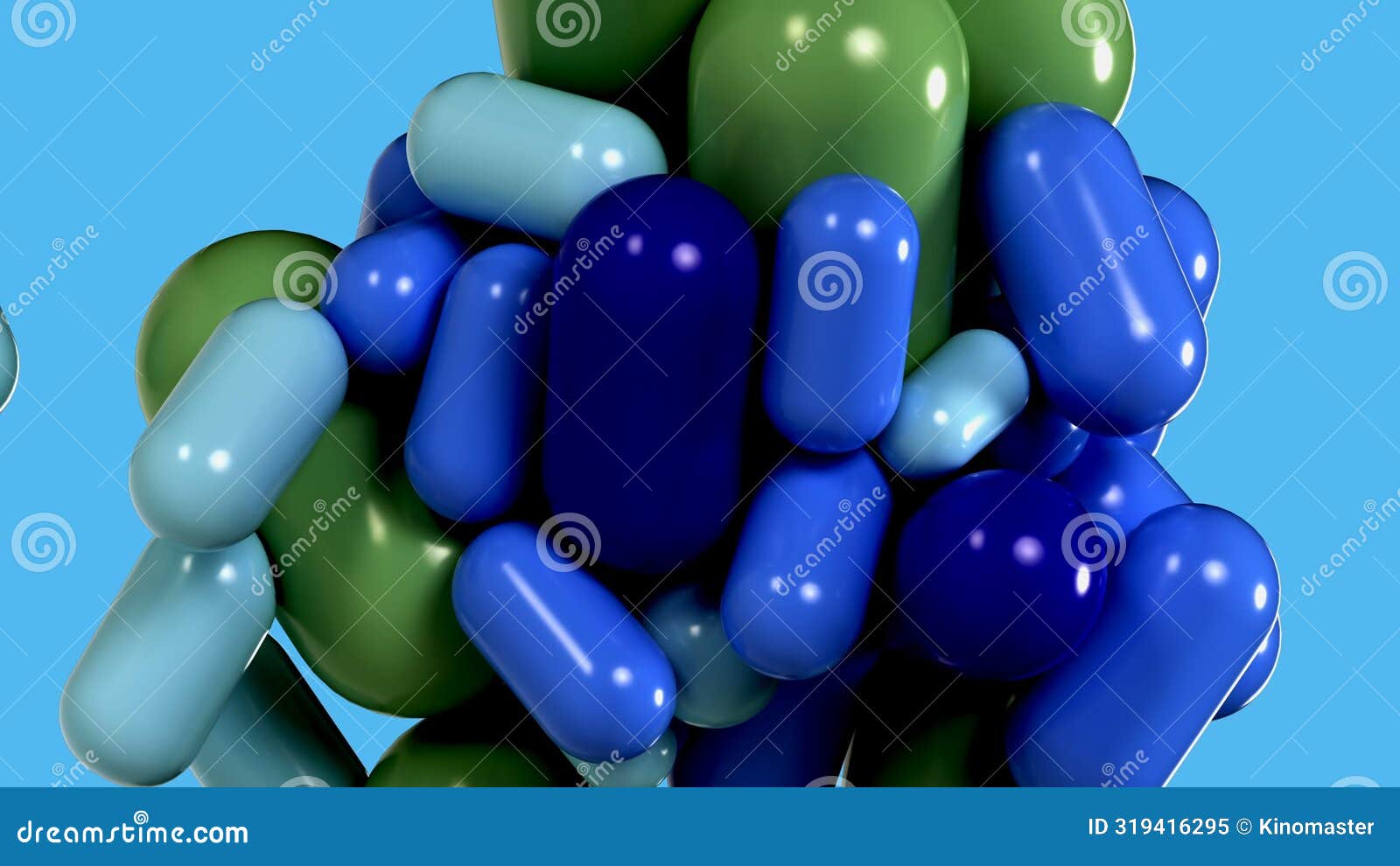 3d graphic depicting a cluster of shiny soft green and blue capsules on a blue background. 3d render