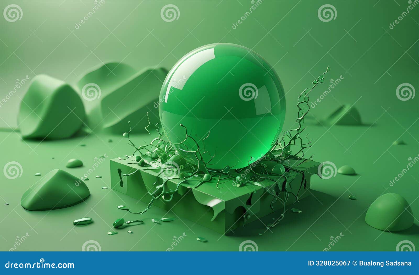 3d green egg-d object rests on green base, surrounded by scattered green objects and water droplets.