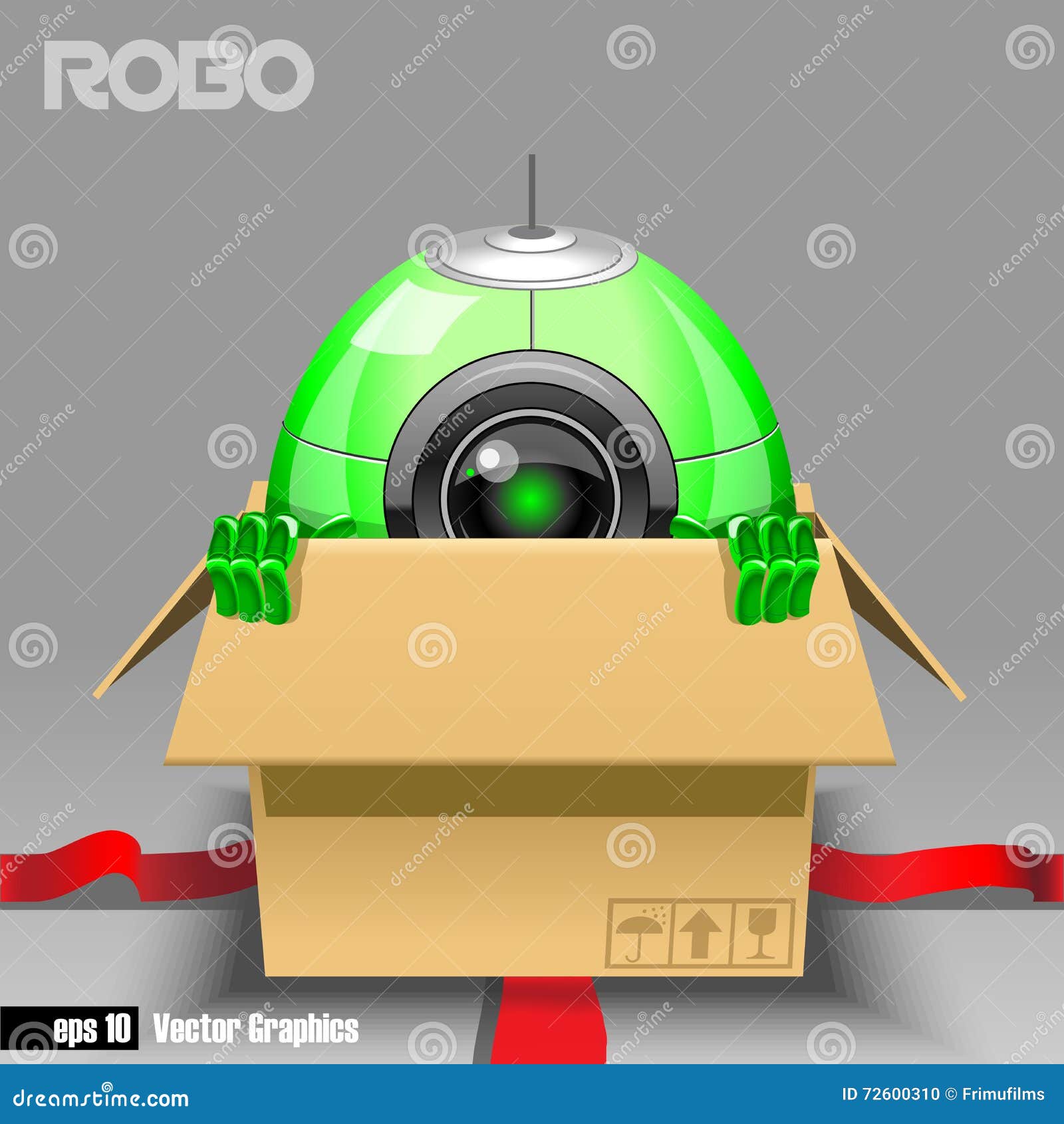 3d green robo eyeborg exiting from a brown box