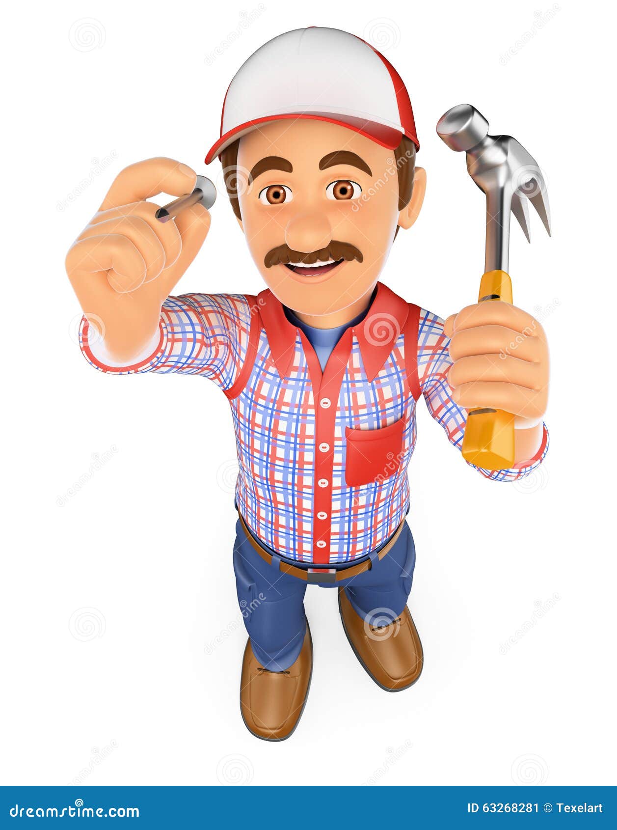 3D Handyman Hammering A Nail With A Hammer Stock Illustration