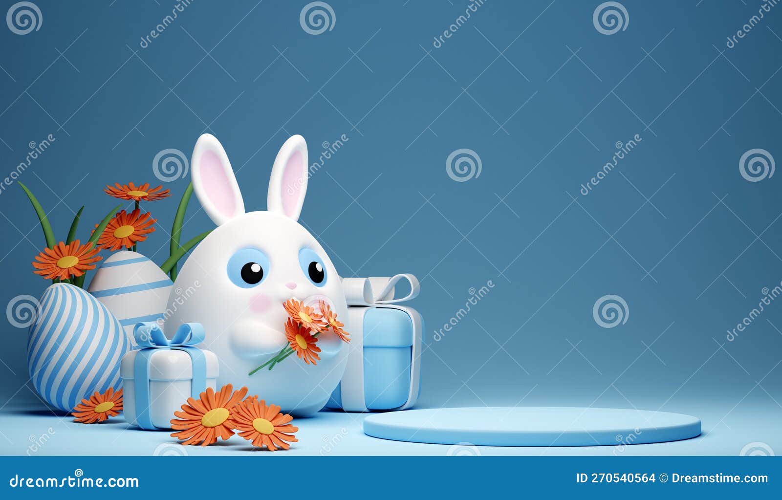 3d happy easter banner with little kawaii white rabbit with podium
