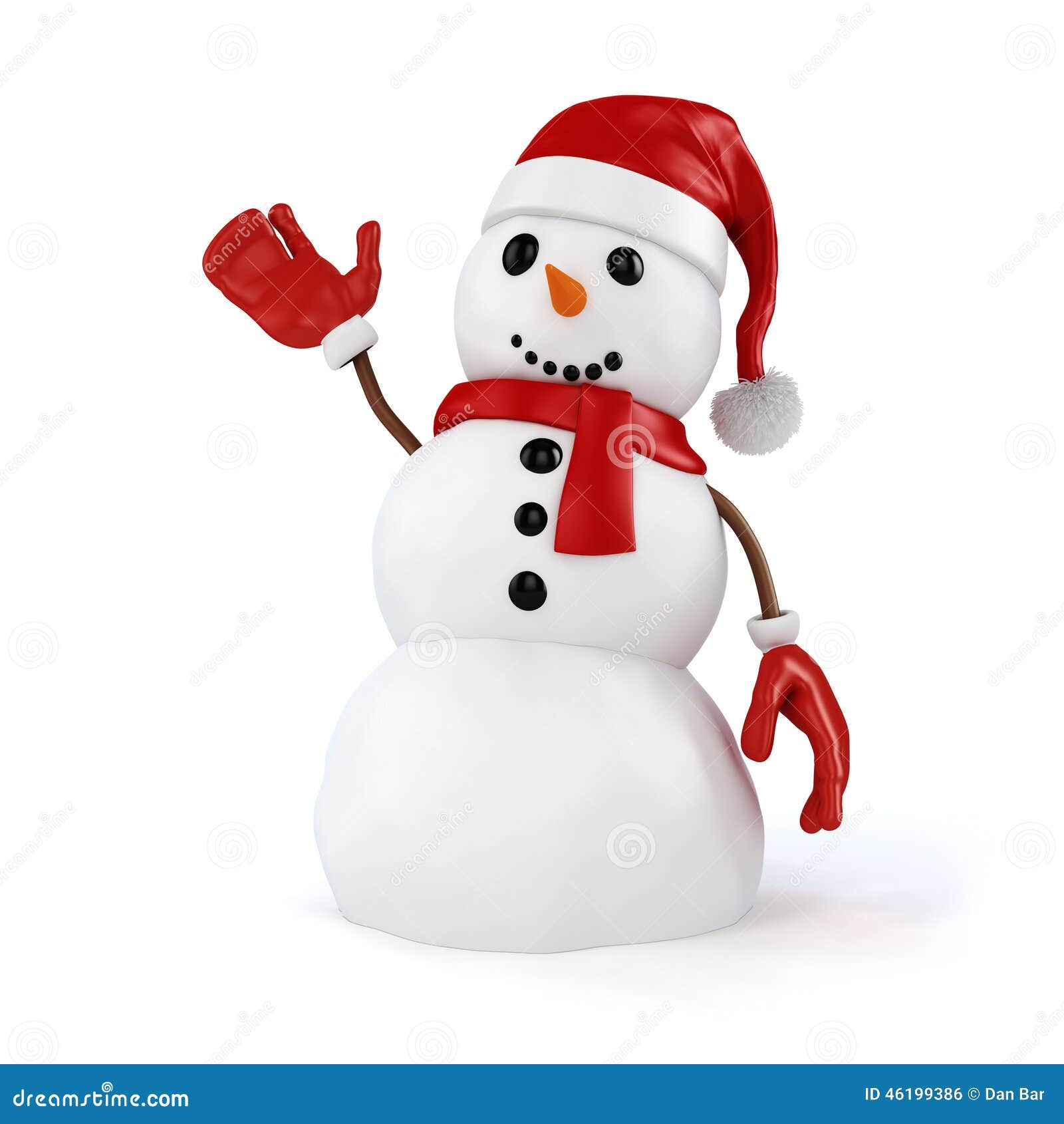 3d Happy Snowman With Santa Hat And Red Gloves And 