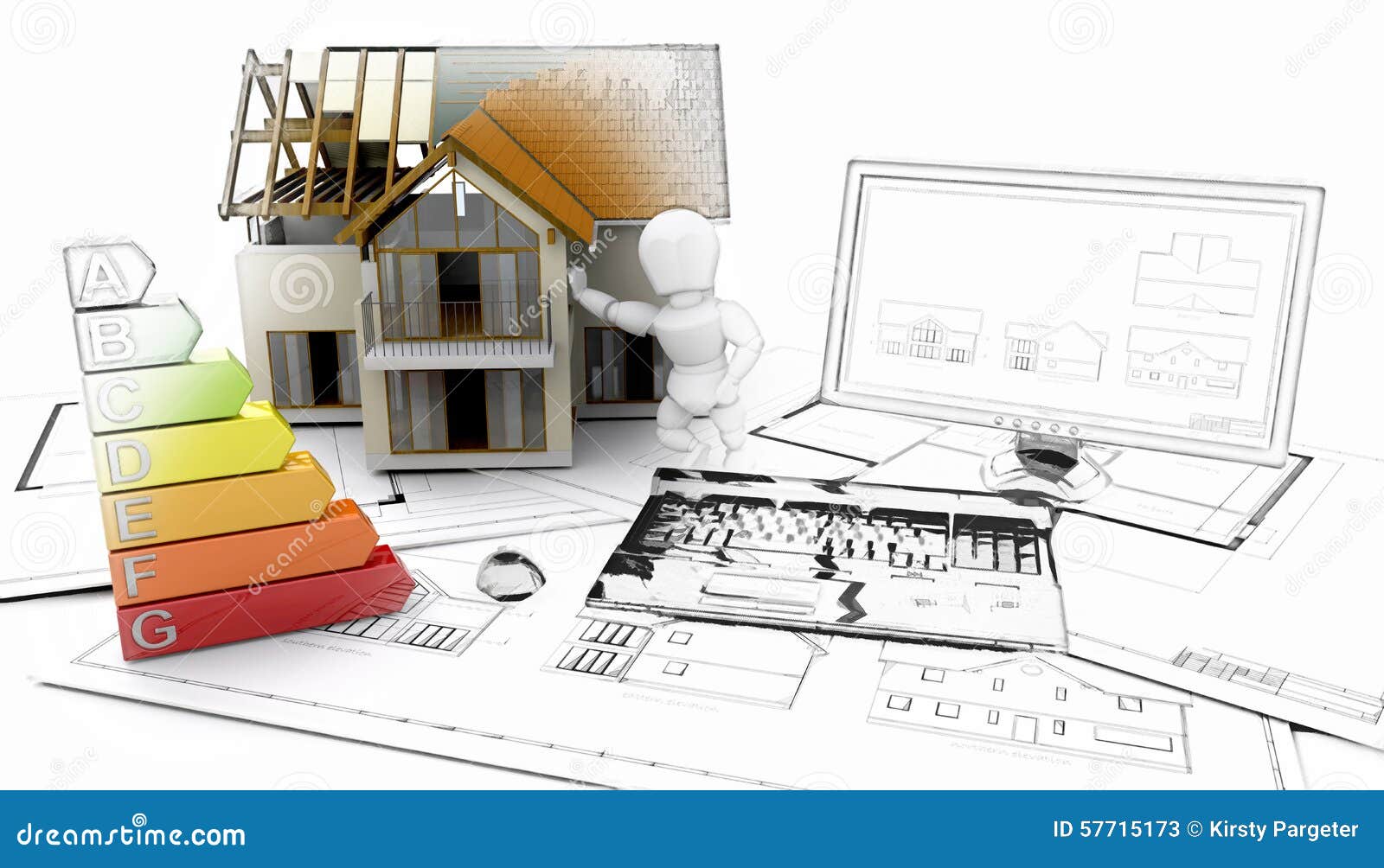  3D  House  And Computer  With Plans  Some In Sketch Phase 