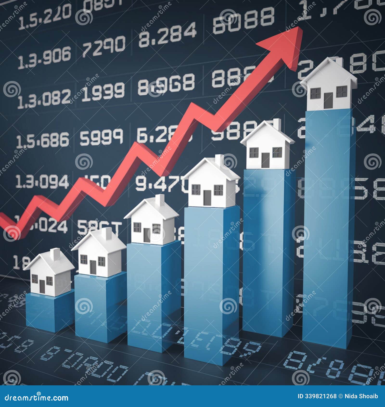 3d houses with arrows and charts, blue green tech oriented visual