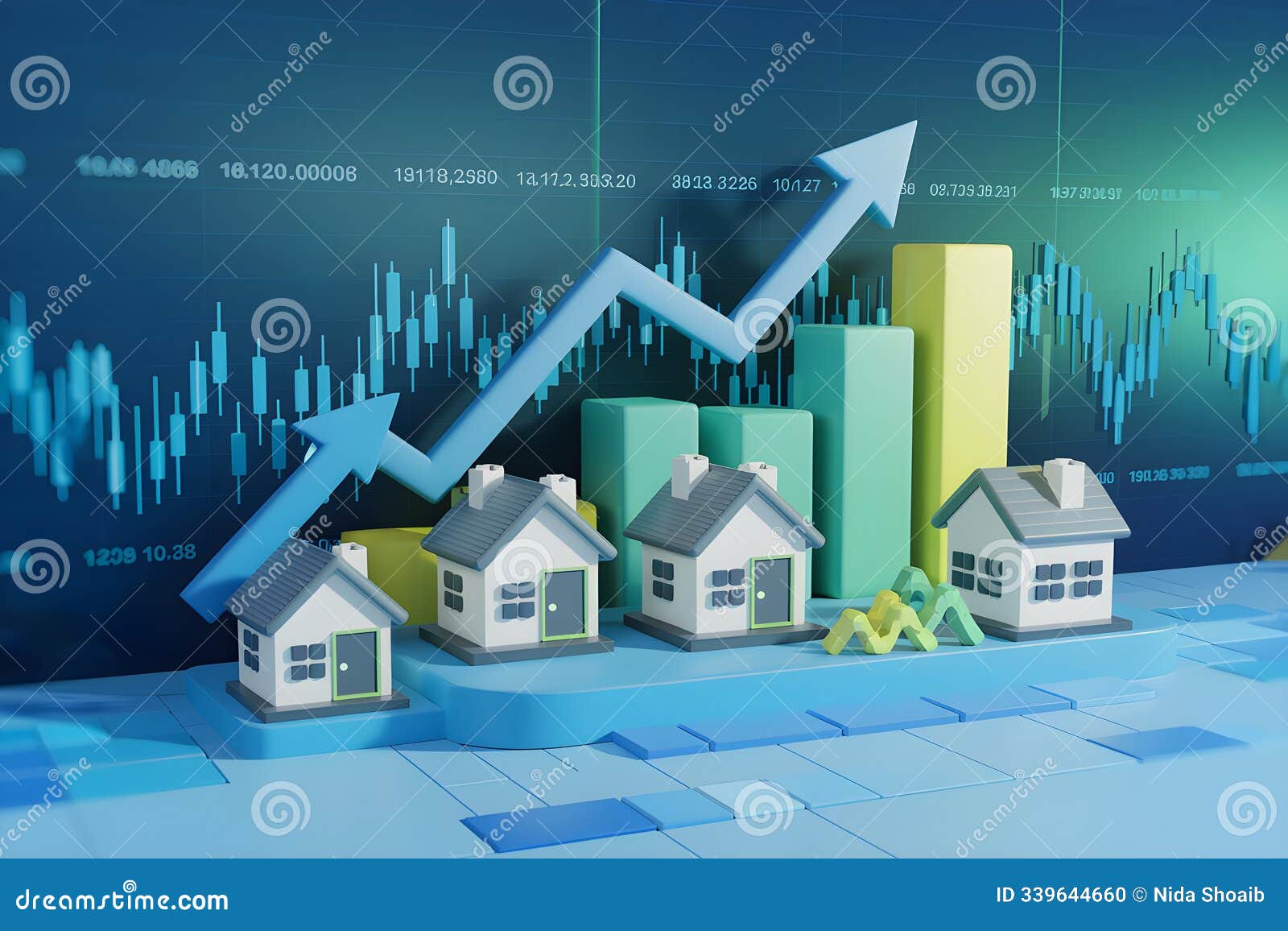3d houses with arrows and charts, blue green tech oriented visual
