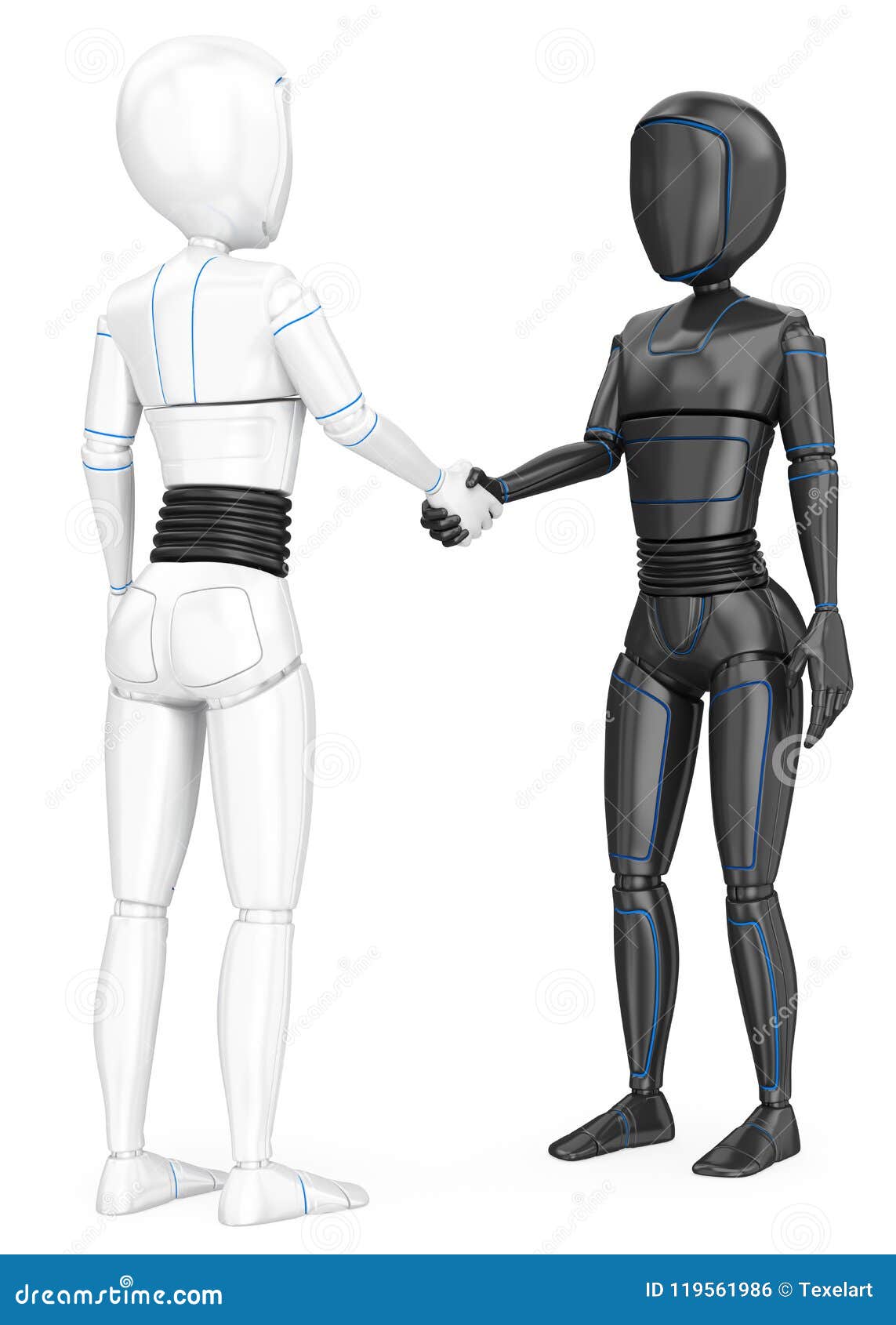 3d humanoid robot shaking hands with another robot