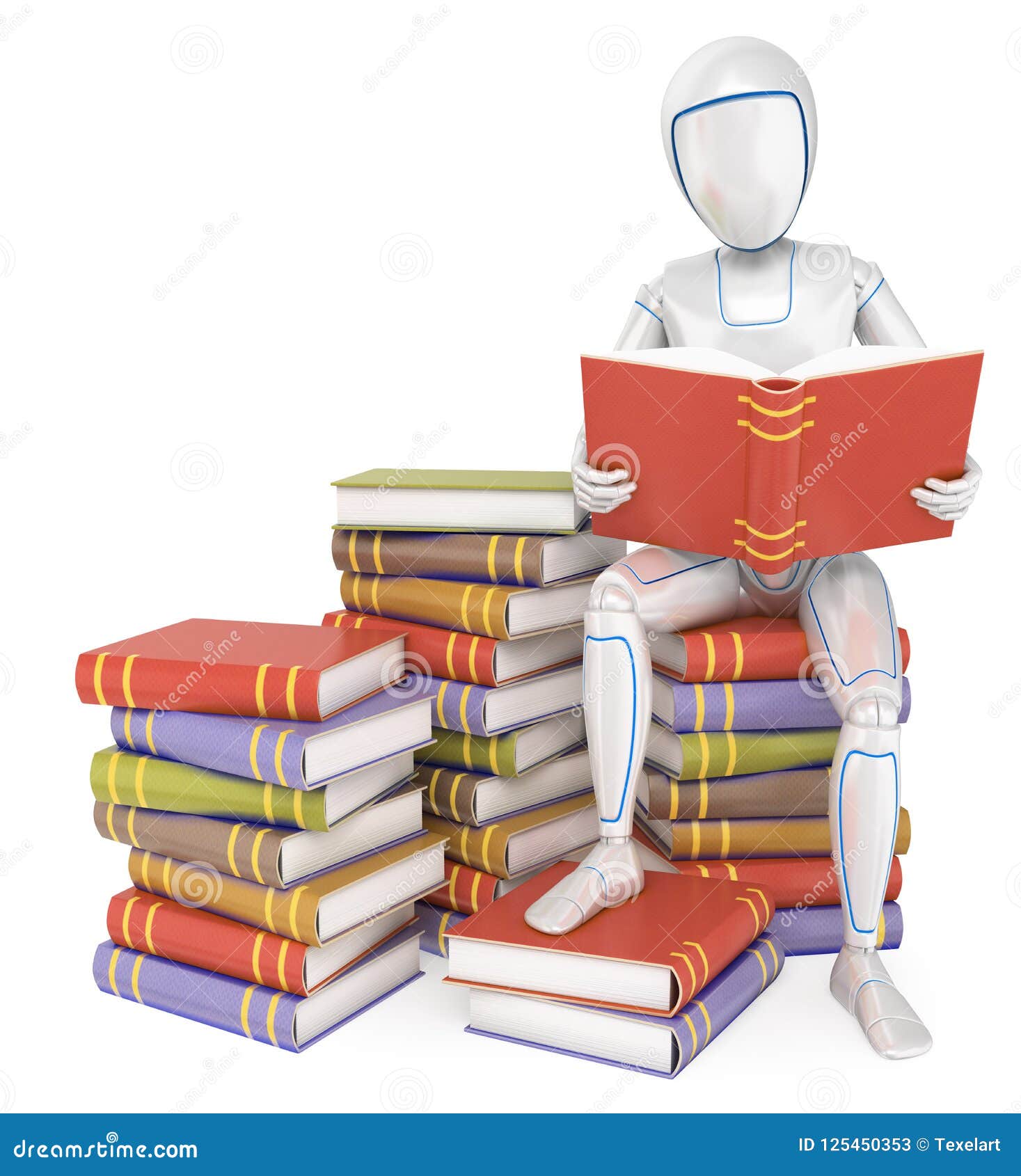 3d humanoid robot sitting on a pile of book reading