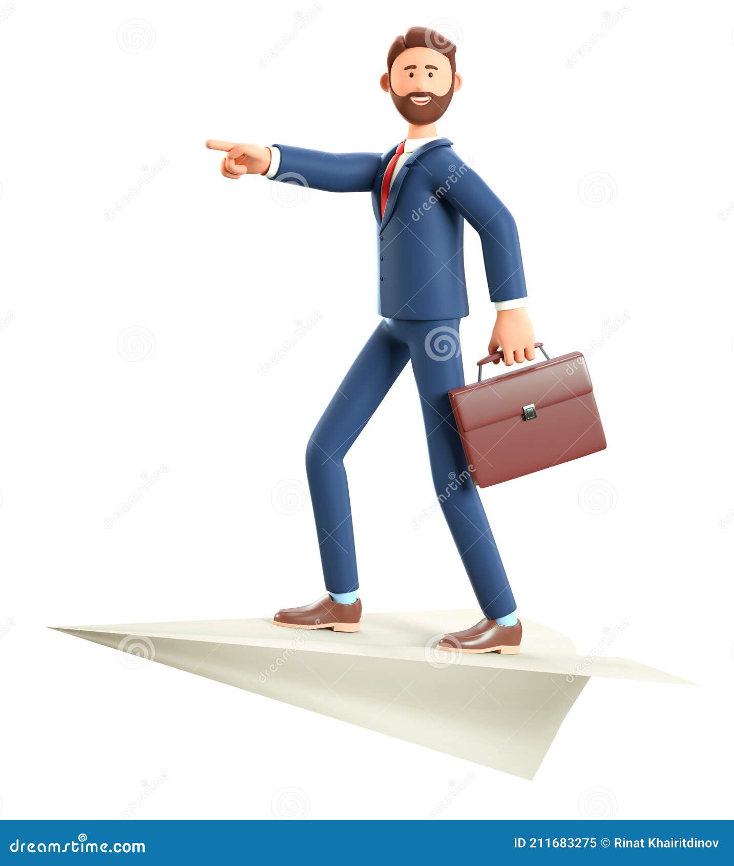 3D Illustration of Bearded Man with Briefcase Flying on a Huge Paper  Airplane. Cartoon Businessman Pointing Forward with Hand Stock Illustration  - Illustration of innovation, header: 211683275