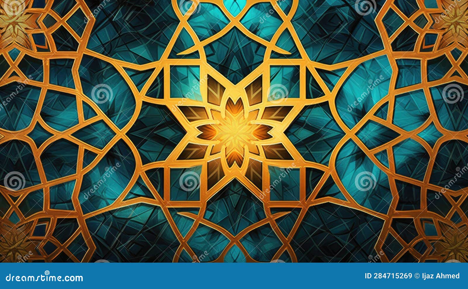 3d Illustration of Blue Background with Golden Ornament Pattern and an ...