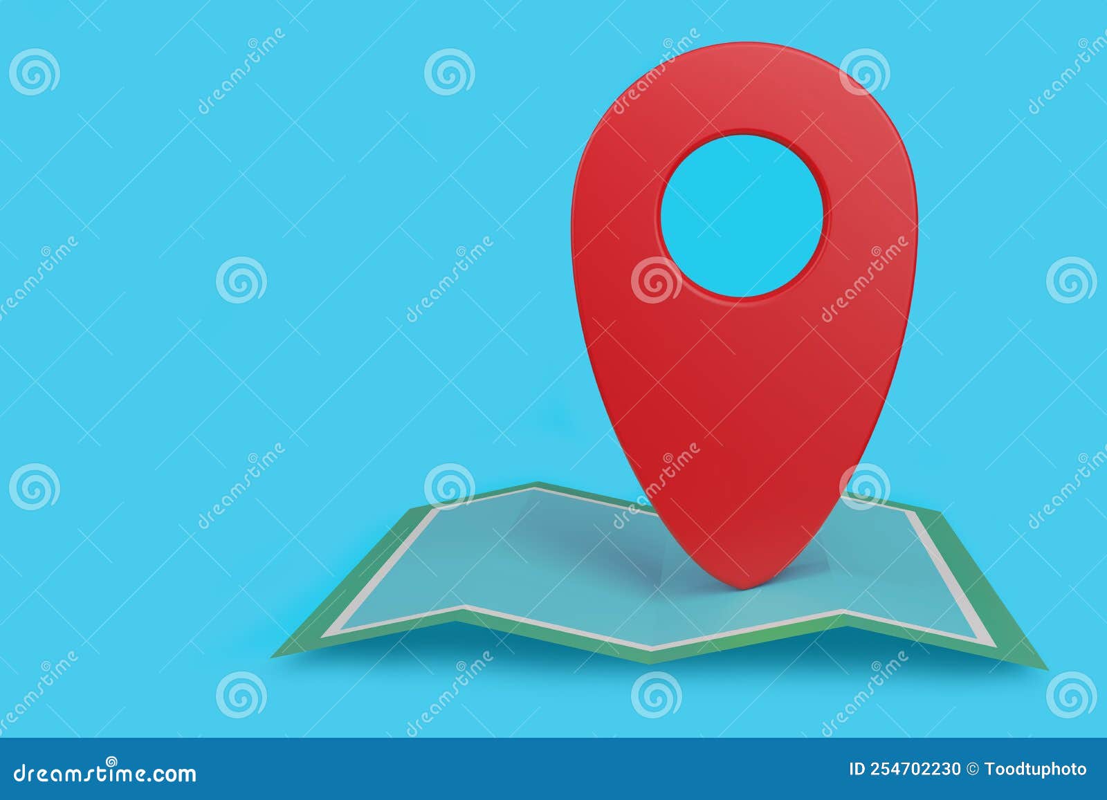 3d  blue background,red location  pin icon on map,navigation sign isoladed on background