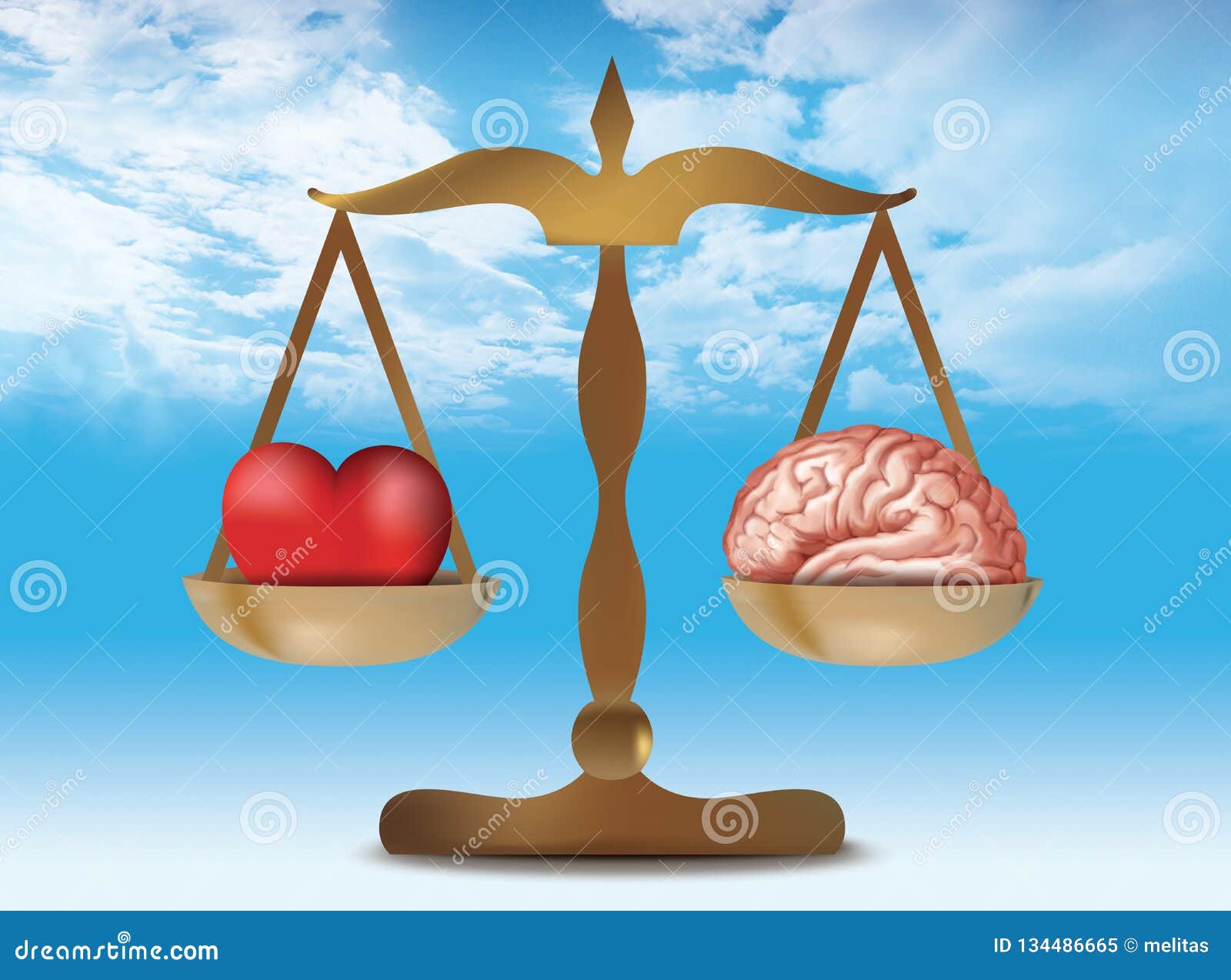 3d  with brain heart on balance. sky whit nubes background