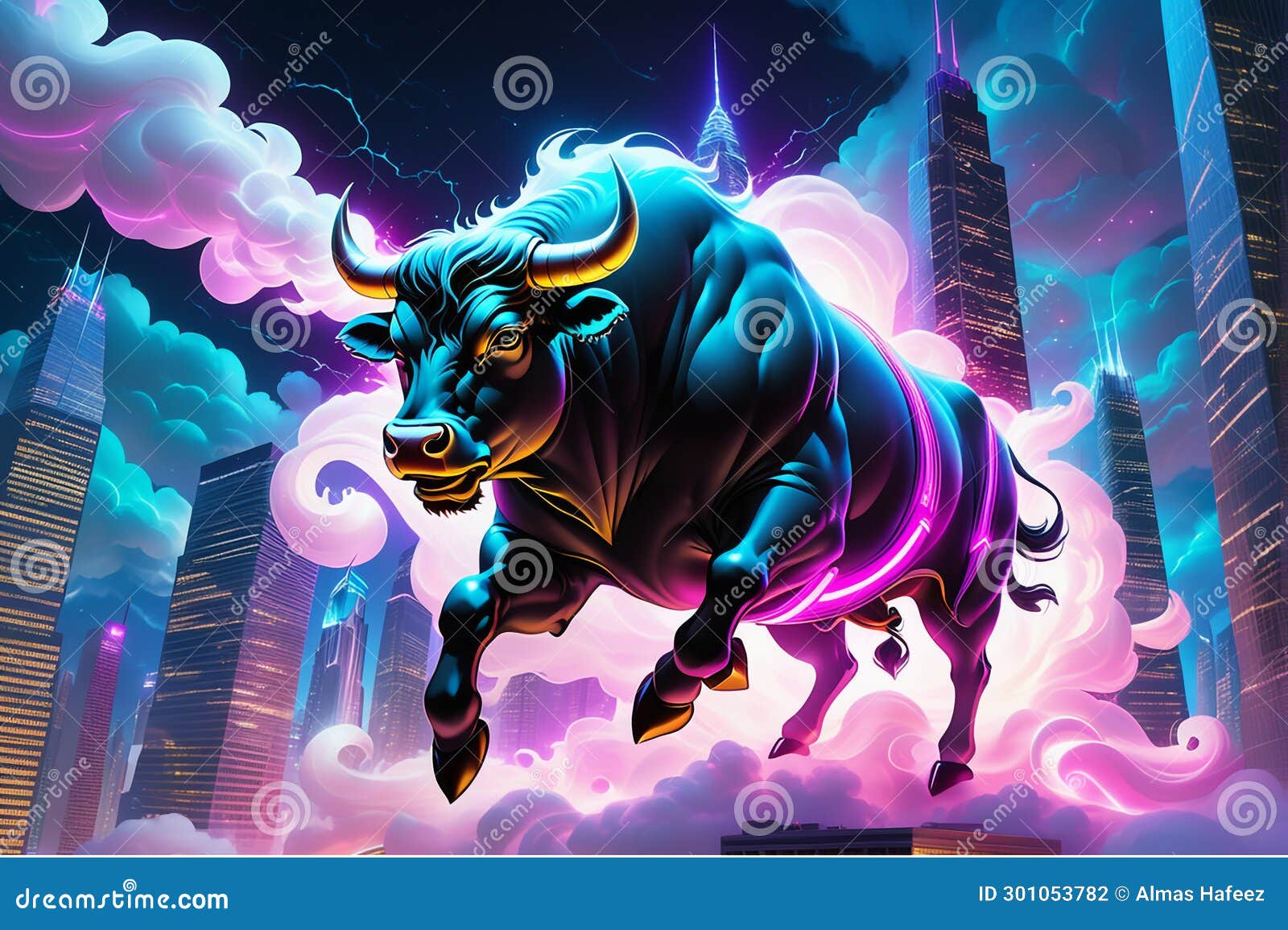 3d  of a bull running in market surrounded by neon smoke, representing crypto divergence