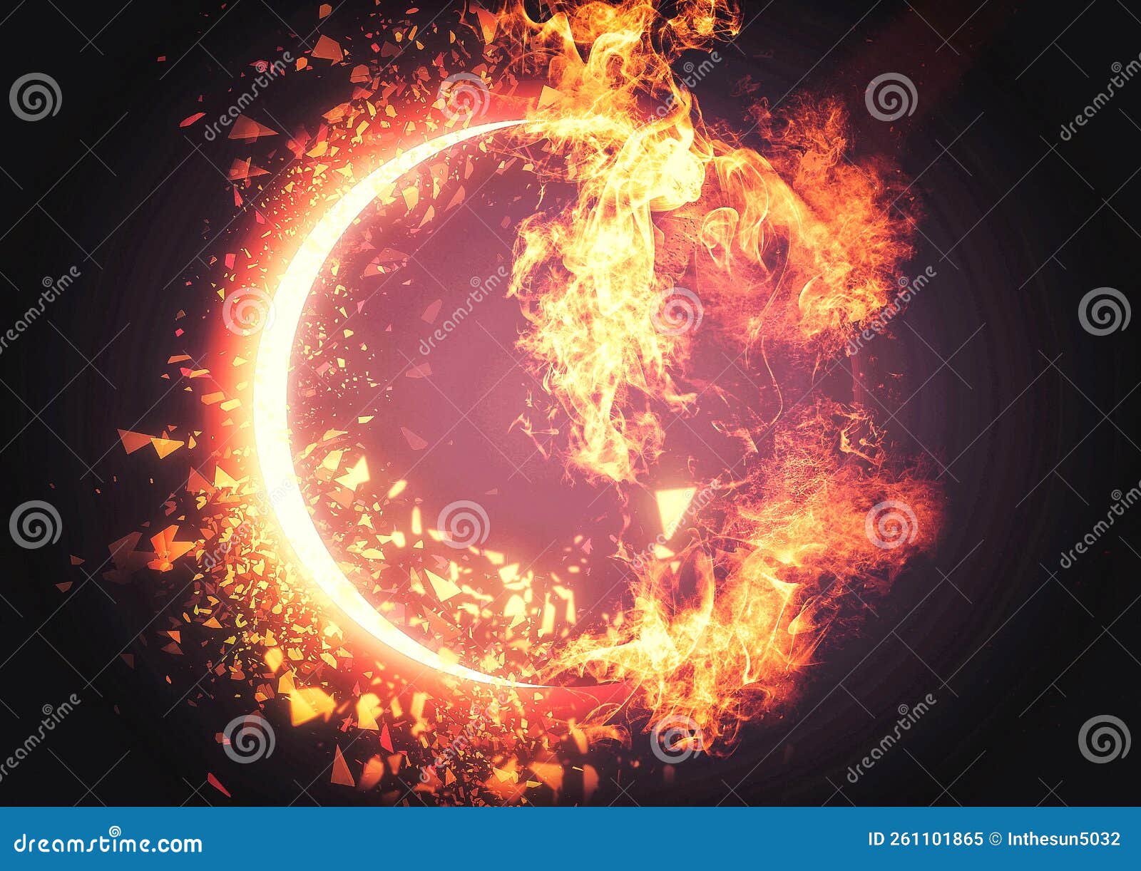 3d Illustration of a Burning Fireball Burning in the Dark Stock