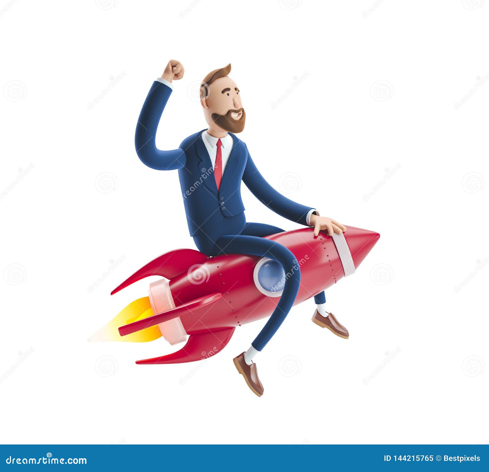 3d . businessman billy flying on a rocket up. concept of  business startup, launching of a new company.