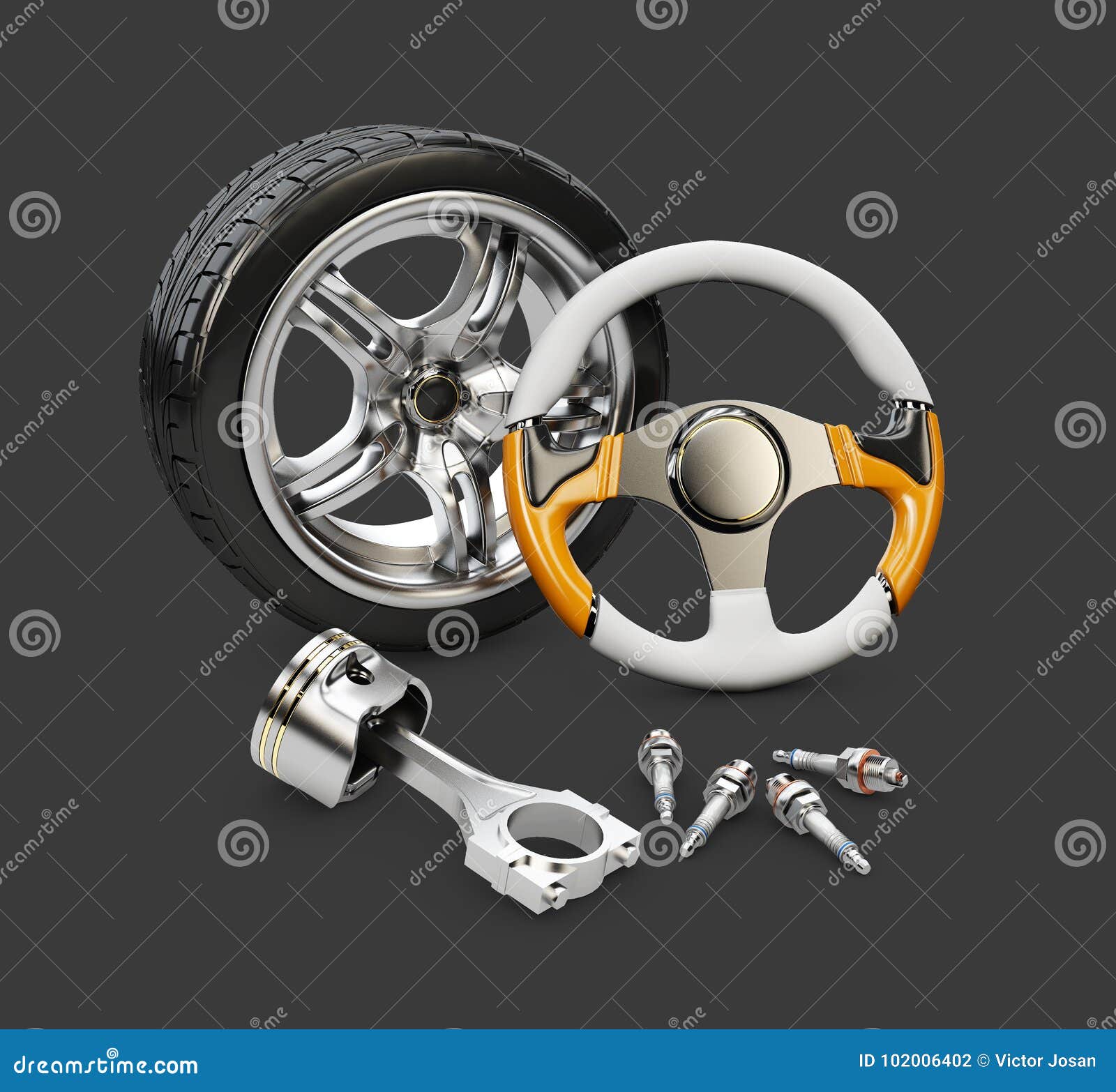 3d Illustration of Car Steering Wheel, Piston and Wheel , Isolated