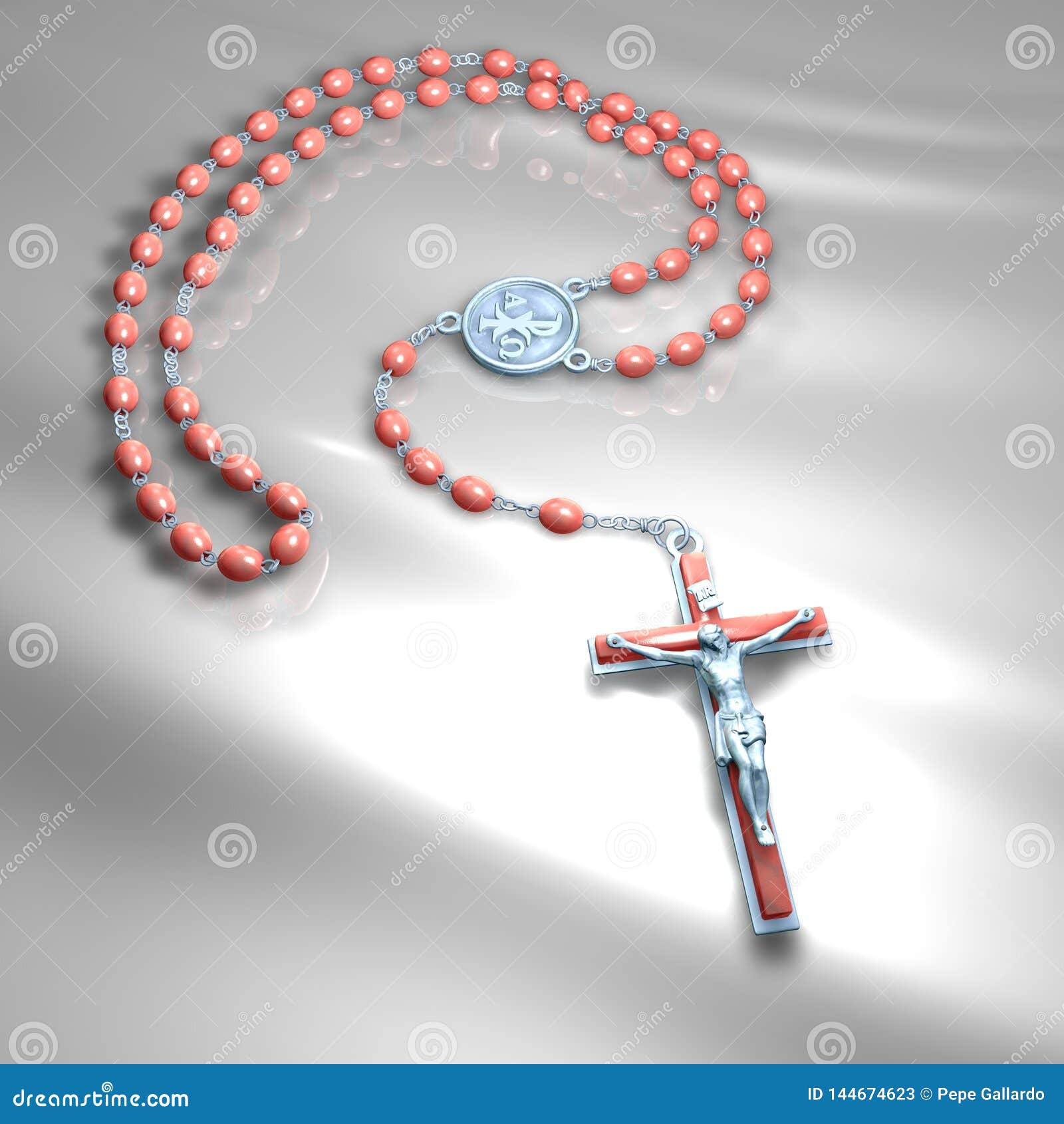 3d  catholic prayer rosary ave marias on gray background