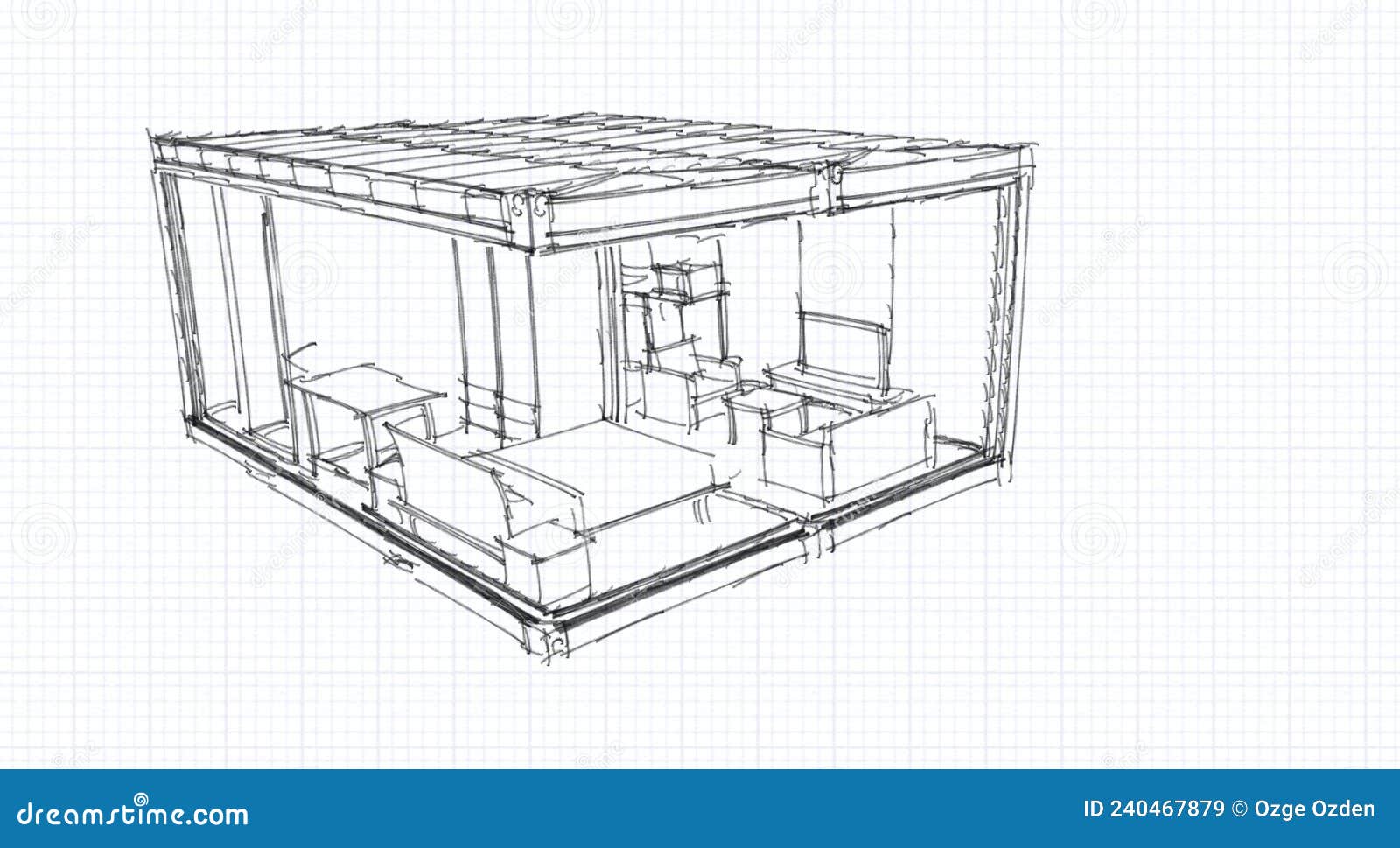 3d  of a container building house in handsketch style.