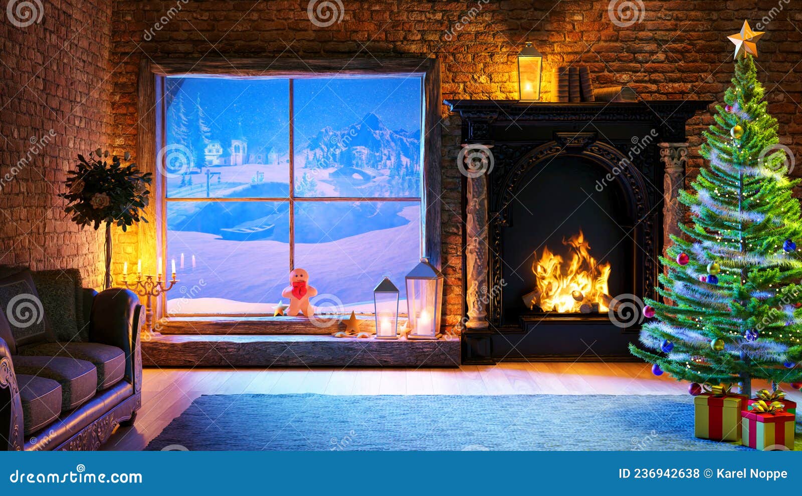 3D Illustration of Cozy Fireplace with Christmas Tree Stock ...