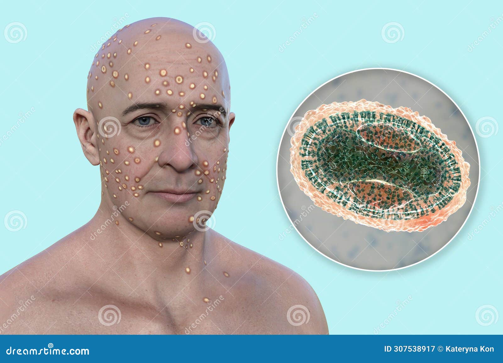 a man with rash from pox viruses, 3d 