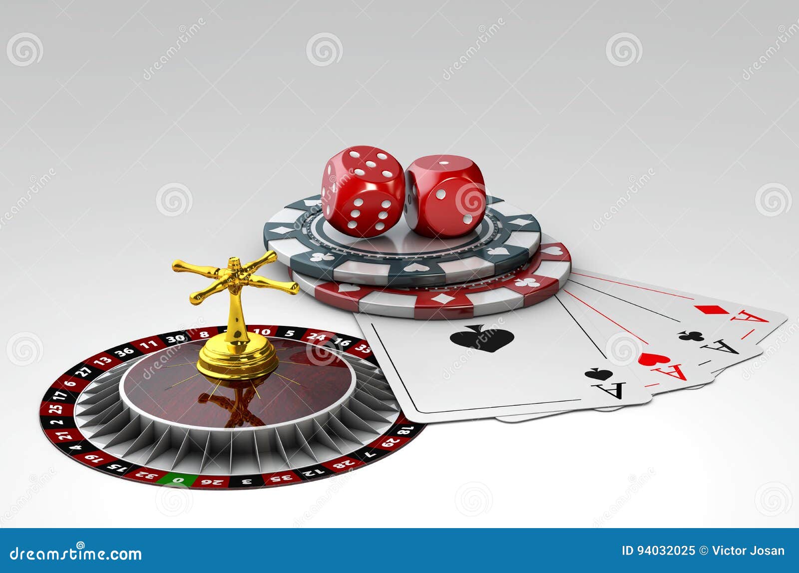 3d Illustration Of Dice, Poker Playing Cards And Chips, On Grey