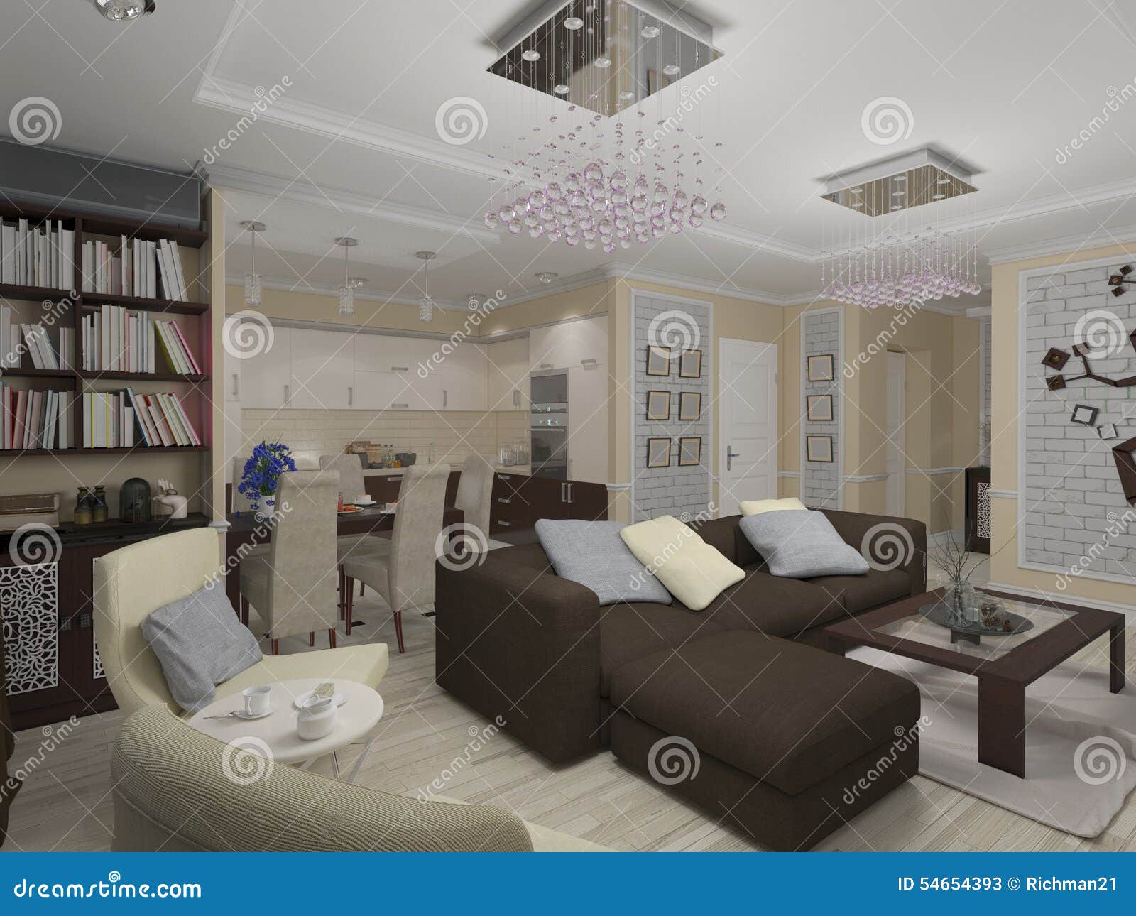 3d  of a drawing room and kitchen in style eclecticism in beige and brown tones