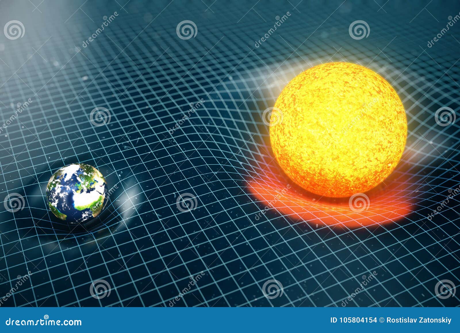 3d  earth`s and sun gravity bends space around it. with bokeh effect. concept gravity deforms space time