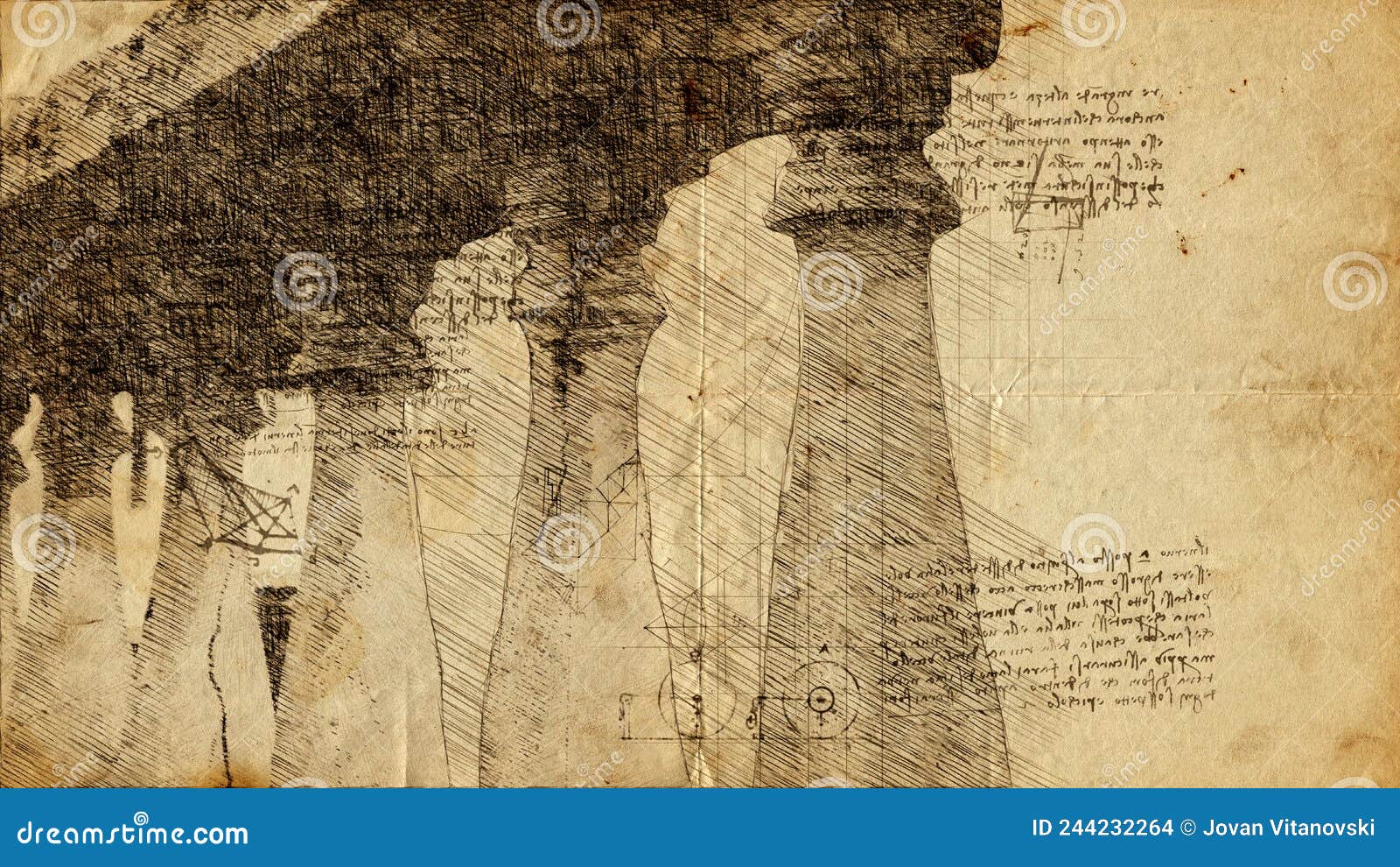 Engineering Drawing in Style of Leonardo Da Vinci Stock Illustration