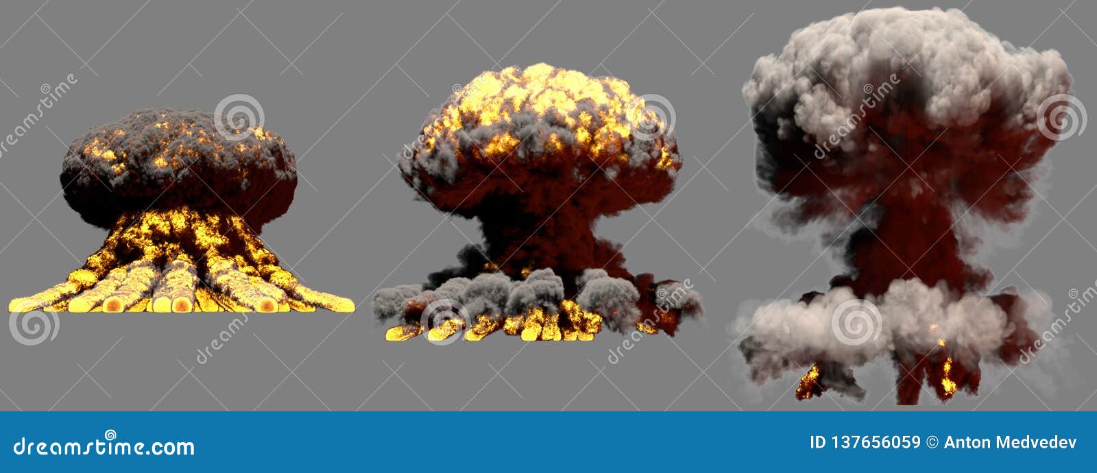 3D Illustration of Explosion 3 Large Different Phases Fire Mushroom